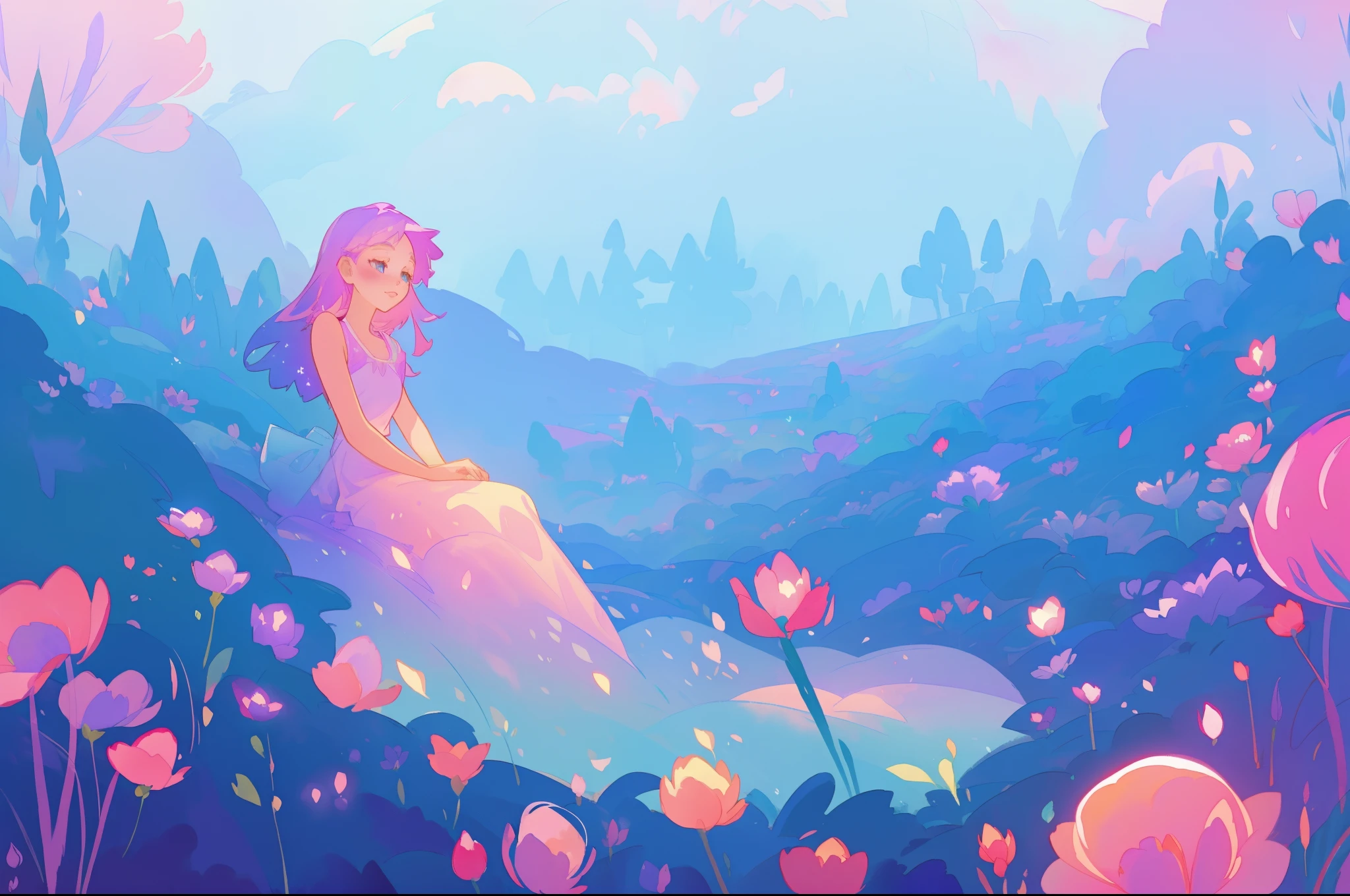 beautiful girl in flowing gradient dress sitting in a field of flowers, beautiful fantasy landscape, vibrant colors, (((otherworldly landscape))), whimsical landscape, purples pinks blues, watercolor illustration, disney art style, glowing lights, beautiful digital illustration, fantasia otherworldly landscape plants flowers, beautiful, masterpiece, best quality, anime disney style