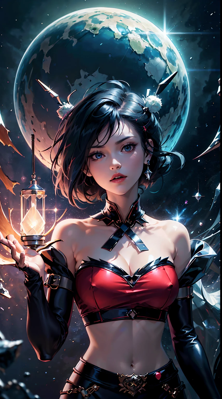 ((extreme detail)),(ultra-detailed), extremely detailed CG unity 8k wallpaper, velvet, figurine, red hood, crop top, star headdress, puffy sleeves, lips, looking away, close-up, head turn, black backgroundHD lighting and dark )<=(epic image quality)dark atmosphere with bright particle light(many effects in background)