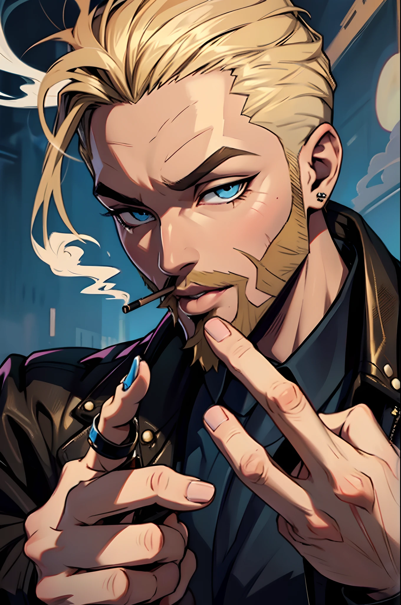 1 smoking man, smoking massive blunt, smoking a joint, smoking weed, Bratz Boy, 1 male Bratz, blonde, bearded, blue eyes, brown cigarette.