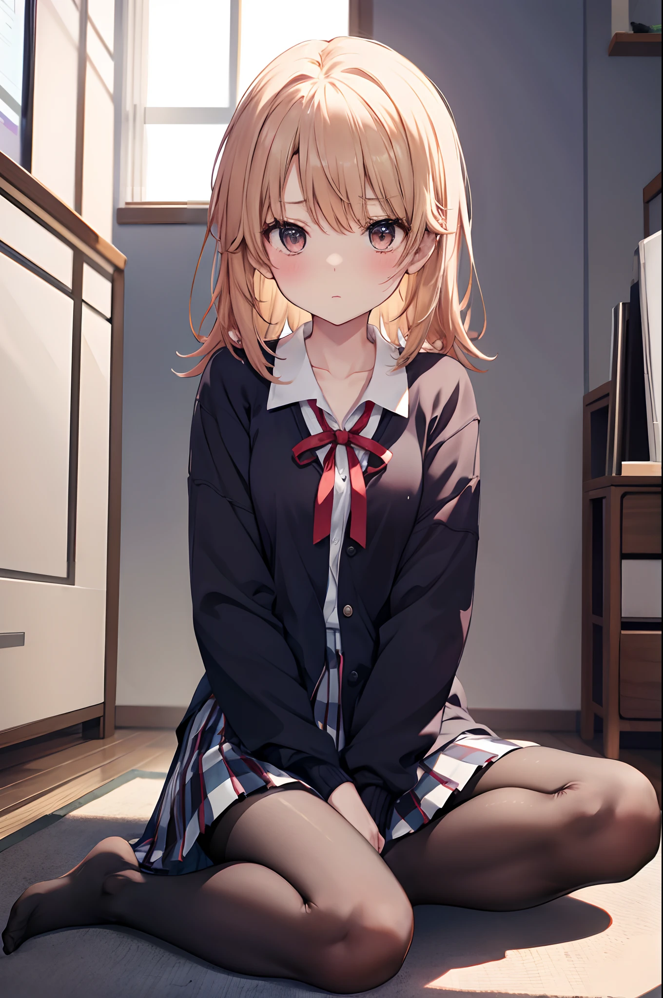 Iroha Isshiki、A -yeld gifrom Japan with a mature and slender body、slightly disheveled hair、Full-body view from head to toe、Blushing look、embarrassed look、Composition from the front、Composition from slightly below、Sitting facing the front、No shoes、M-shaped legs、crouching down、Legs spread out in an M-shape、Hold your feet、small tits、School Uniform、blazers、White blouses、Navy blue ribbon、Short pleated skirt、White panties、Black pantyhose、(Black_pantyhose):1.2)、White panties are visible、Bedrooms、inside in room、during daytime、Panchira、watching at viewers、Slender feet、Slender thighs、Slim toes
