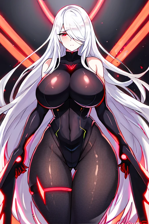 1girl, white hair, large breasts, breasts, thick thighs, wide hips, red eyes, bodysuit, black bodysuit, pantyhose, long hair, science-fiction, tech, futuristic, black pantyhose, neon, neon trim, anime style, 2d, anime screencap, red neon trim, hourglass figure, one-eye covered, hair over one eye, hair over one-eye, thigh strap, serious, leotard