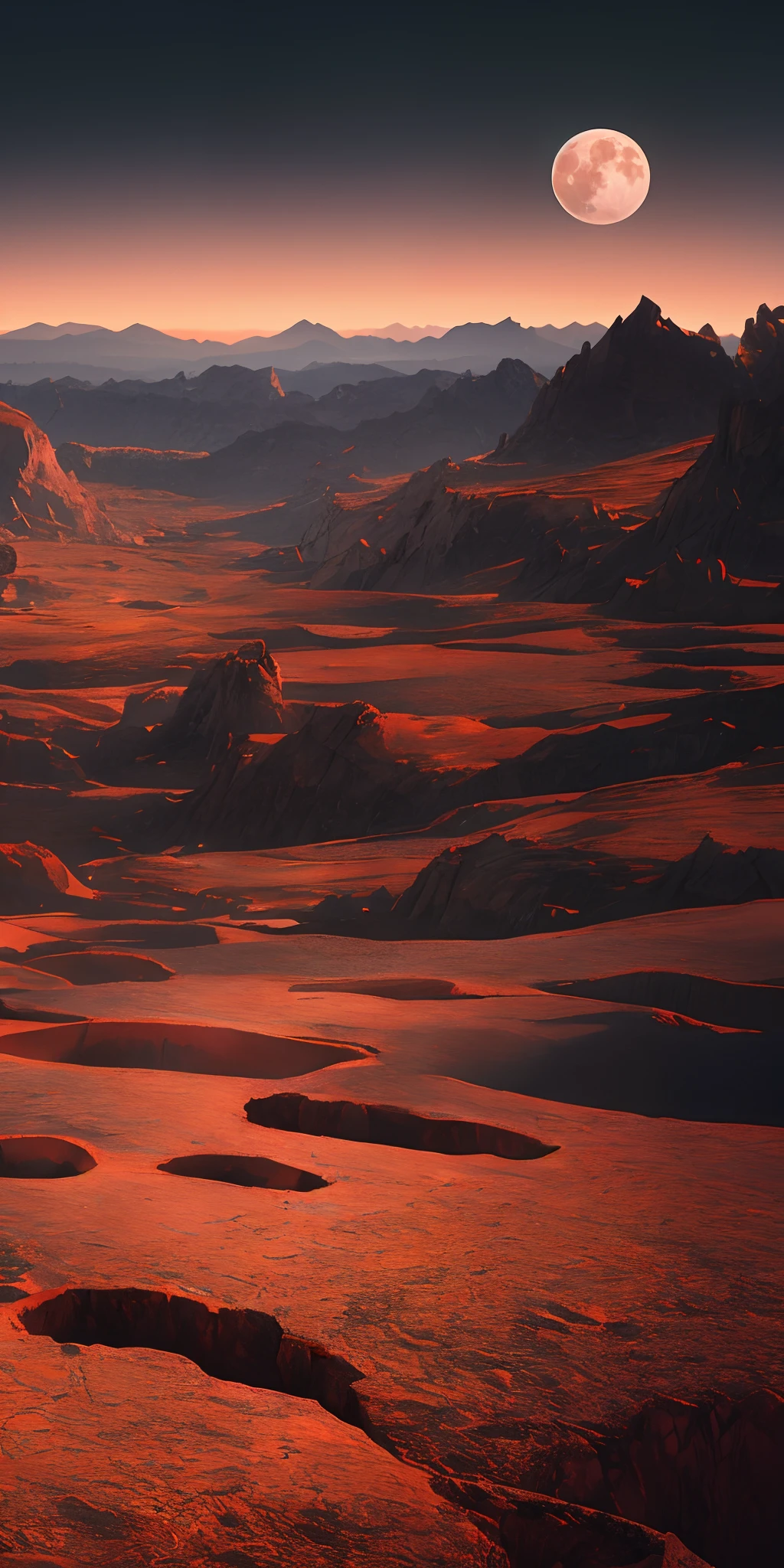 here is a landscape of rich chocolate and vanilla earth with stones cascading into the twilight with mountains in the distance (masterpiece), (best quality), CG 8k horizontal wallpaper, evening landscape, brown, black, gray, red tones, glowing crystal moon