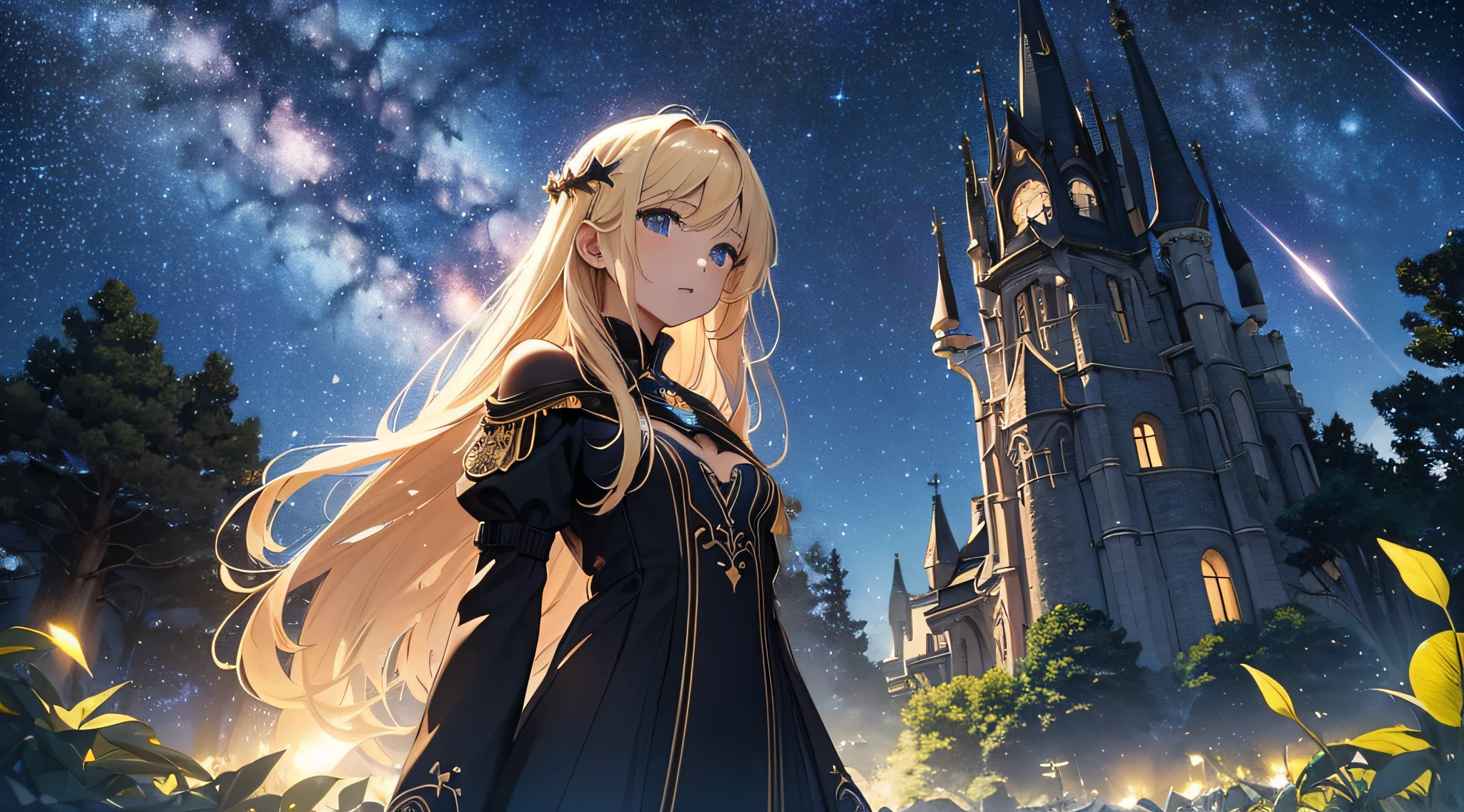 masterpiece、((a beauty girl、One-piece high-detail embroidery、a blond))、Background with((Fantastic starry sky、meteors、black hole))、Depth((Mysterious giant tree、Luminescent、plants))、