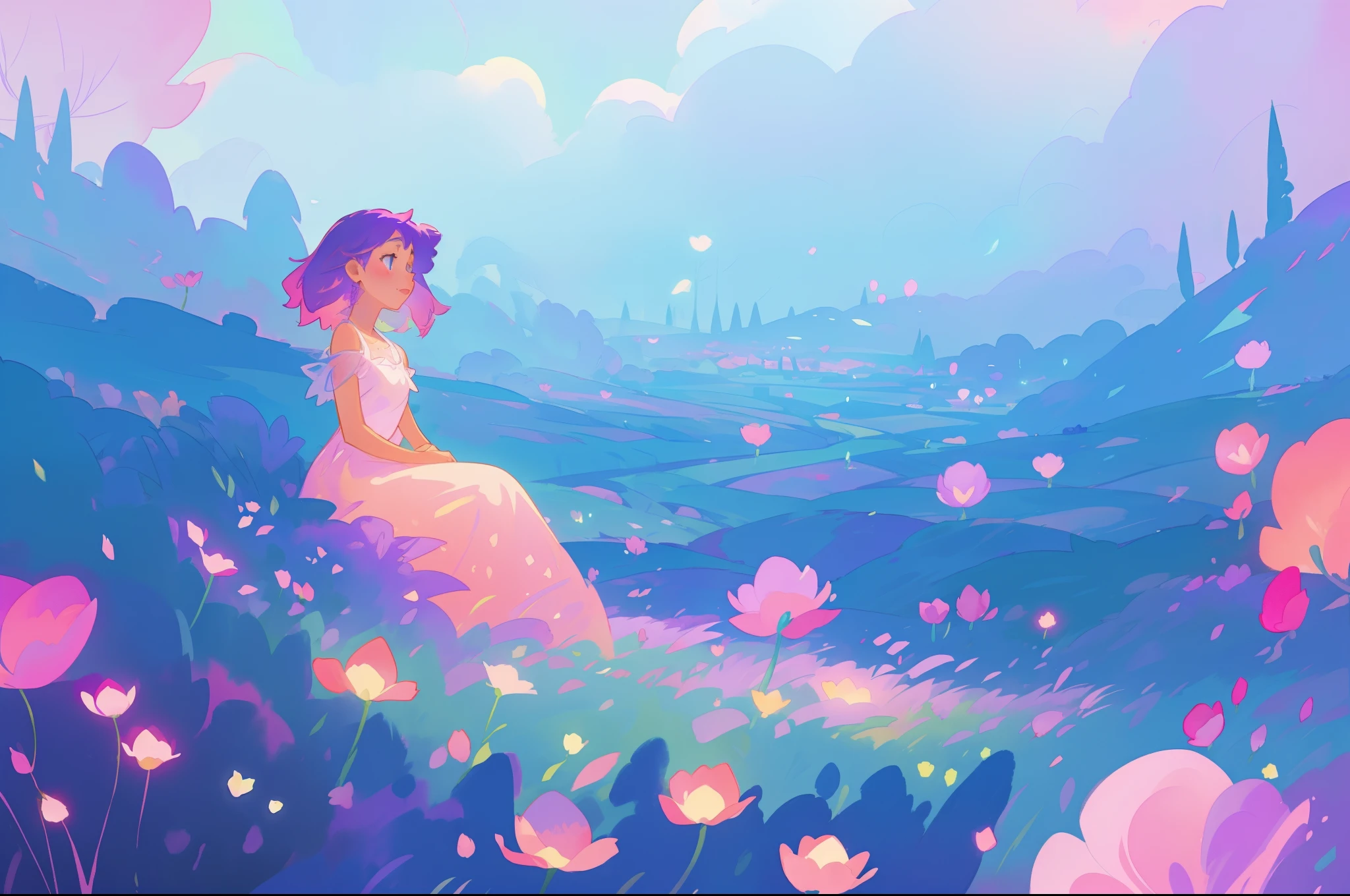beautiful girl in flowing gradient dress sitting in a field of flowers, beautiful fantasy landscape, vibrant colors, (((otherworldly landscape))), whimsical landscape, purples pinks blues, watercolor illustration, disney art style, glowing lights, beautiful digital illustration, fantasia otherworldly landscape plants flowers, beautiful, masterpiece, best quality, anime disney style