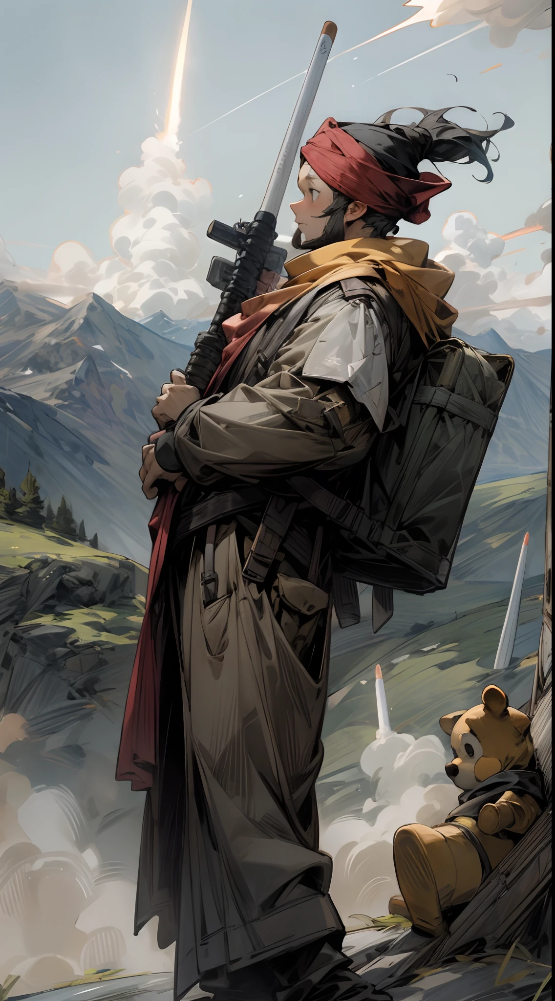 Whinnie the Pooh standing on a mountain, wearing a turban, holding an RPG shooting a rocket at a innocent town