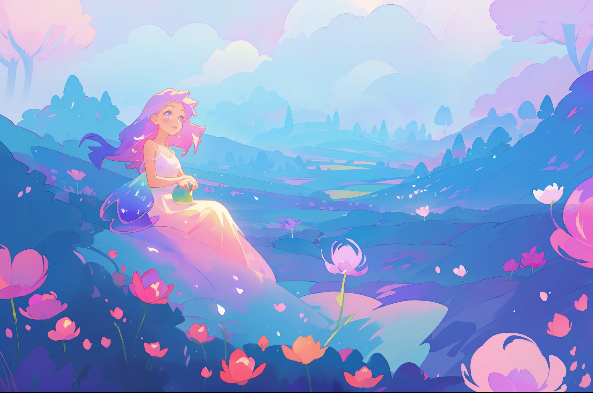 beautiful girl in flowing gradient dress sitting in a field of flowers, beautiful fantasy landscape, vibrant colors, (((otherworldly landscape))), whimsical landscape, purples pinks blues, watercolor illustration, disney art style, glowing lights, beautiful digital illustration, fantasia otherworldly landscape plants flowers, beautiful, masterpiece, best quality, anime disney style