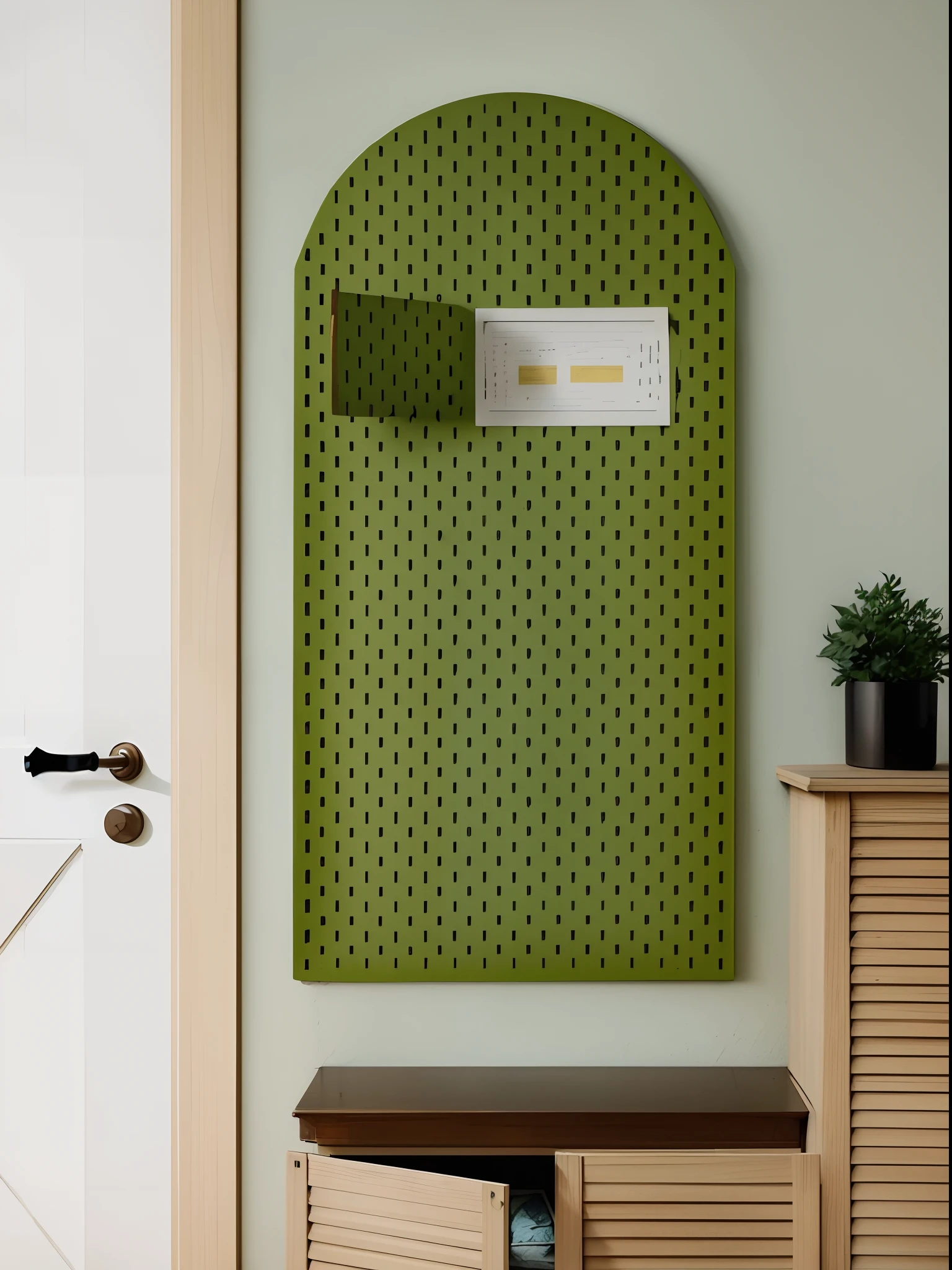 There is a perforated board in the wall of the room，The hole board is stored on top of some small ornaments