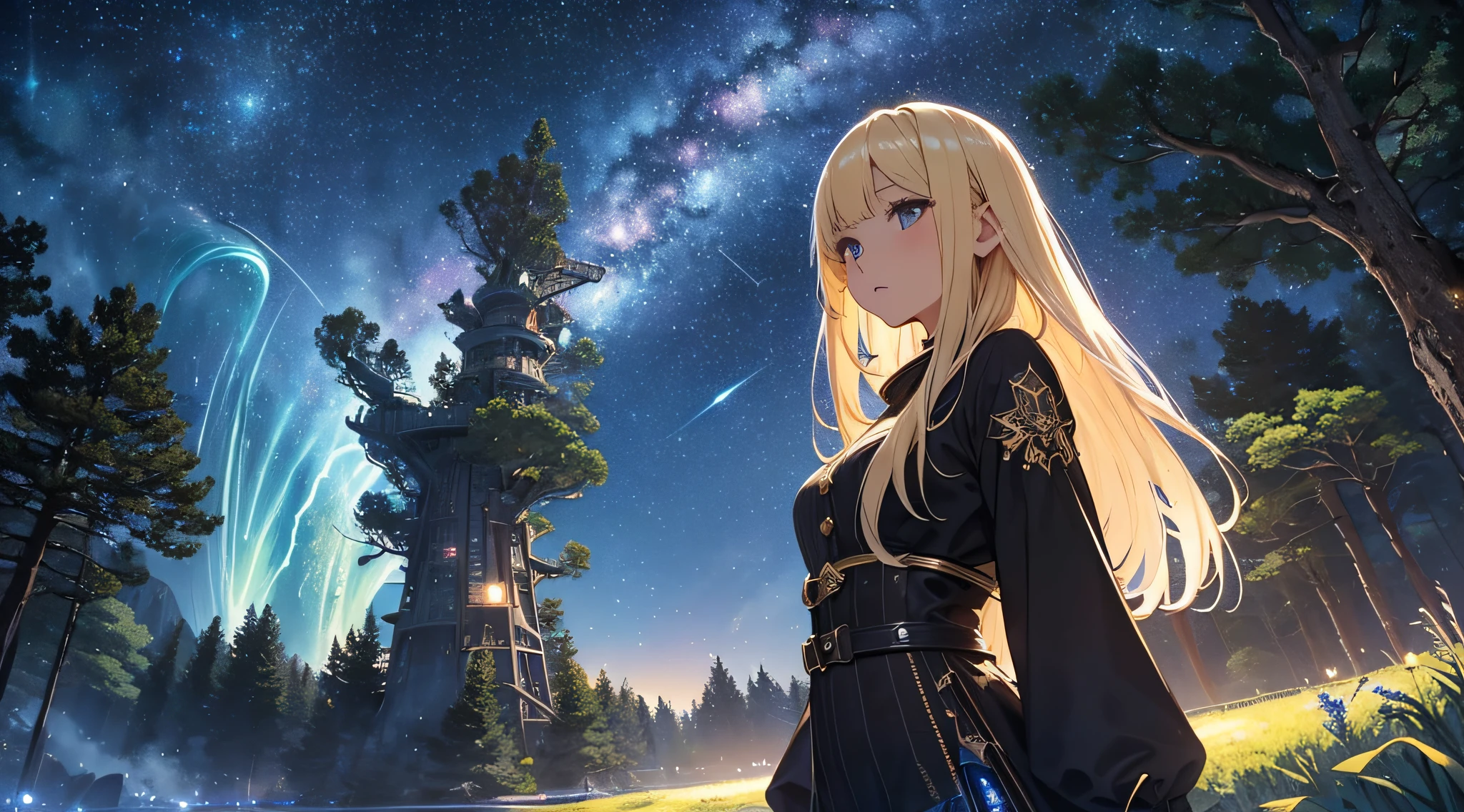 masterpiece、((a beauty girl、One-piece high-detail embroidery、a blond、bustup))、Background with((Fantastic starry sky、meteors、black hole))、Depth((Mysterious giant tree、Luminescent、plants))、