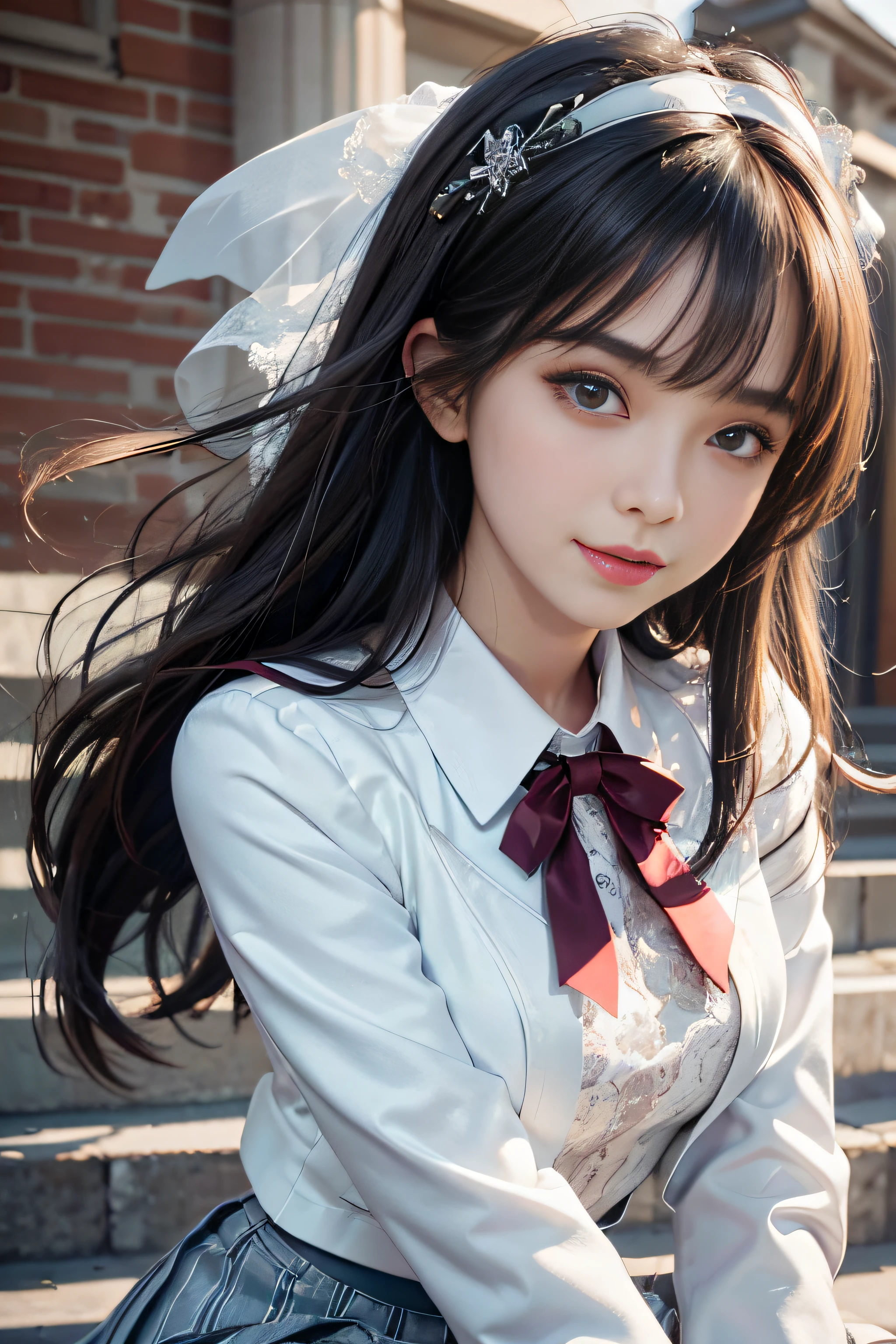 1girl in, Dark blue hair, Bangs, Long hair, Sparkling eyes, longeyelashes, makeup, lightsmile, depth of fields, One-person viewpoint, close-up, From below, wide angles, F/1.8, 135 mm, canon, nffsw, retinas, masutepiece, ccurate, Anatomically correct, Textured skin, Super Detail, high details, High quality, Best Quality, hight resolution, 1080p, 4K, 8K,(Female student standing on the steps of school),46-point diagonal bangs,female students、((uniform: White blazer with emblem on the chest))、Translucent white blouse、(red bowtie)、((Miniskirts in bright colors,Check stripe)()、A smile,((Skirt soars in the wind)),((White lace panties are visible))