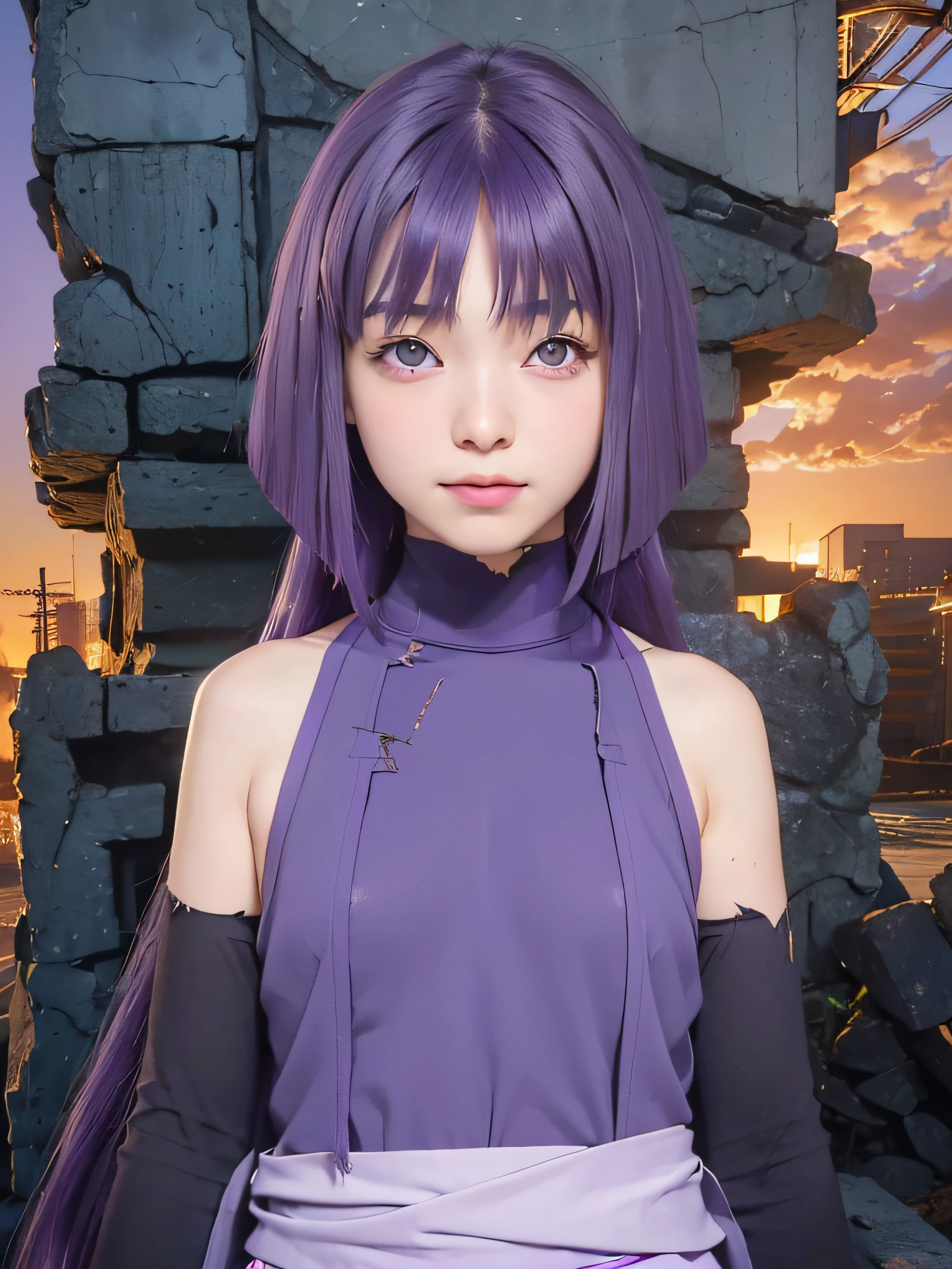 masterpiece, best quality, (realistic, photo-realistic:1.4), (RAW photo:1.2), extremely detailed CG unity 8k wallpaper, delicate and beautiful, amazing, finely detail, official art, absurdres, incredibly absurdres, huge filesize, ultra-detailed, extremely detailed, extremely detailed girl, extremely detailed eyes and face, light on face,(teen girl:1.7),little smile,sumire kakei,(long hair:1.25),(purple hair:1.6),(school uniform:1.4),waterfall,potrait,(small breast:1.1),(torn clothes:1.6),navel,smile