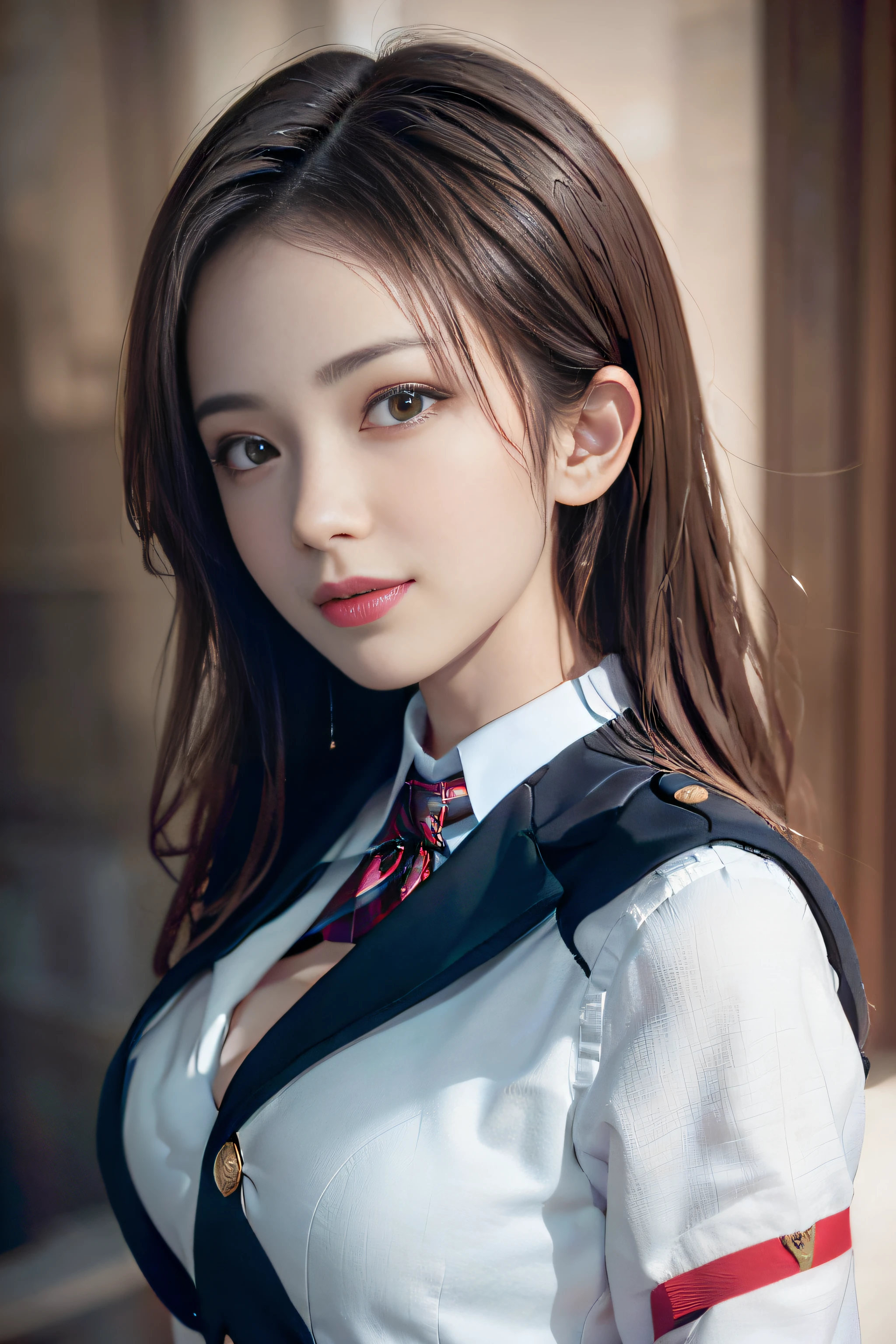(A hyper-realistic)、(illustratio)、(hight resolution)、(8K)、(ighly detailed)、(Best Illustration)、(beautifully detailed eyes)、(top-quality)、(ultra-detailliert)、(masterpiece)、(wall-paper)、(A detailed face)、独奏、1 girl in、looking at viewert、fine detailed、A detailed face、in the darkness nigth、deep-shadows、lowkey、pureerosfaceace_v1、A smile、long、Black shawl straight hair、46-point diagonal bangs,female students、((Emblem on the chest of the uniform white blazer))、(red bowtie)、((Miniskirts in bright colors,Check stripe)()、A smile,