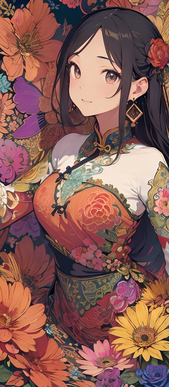 (masterpiece, top quality, best quality, official art, beautiful and aesthetic:1.2), (1girl:1.3), extremely detailed,(fractal art:1.1),(colorful:1.1)(flowers:1.3),highest detailed,(zentangle:1.2), (dynamic pose), (abstract background:1.3), (chinese Traditional cloth:1.2), (shiny skin), (many colors:1.4), ,(earrings:1.4),