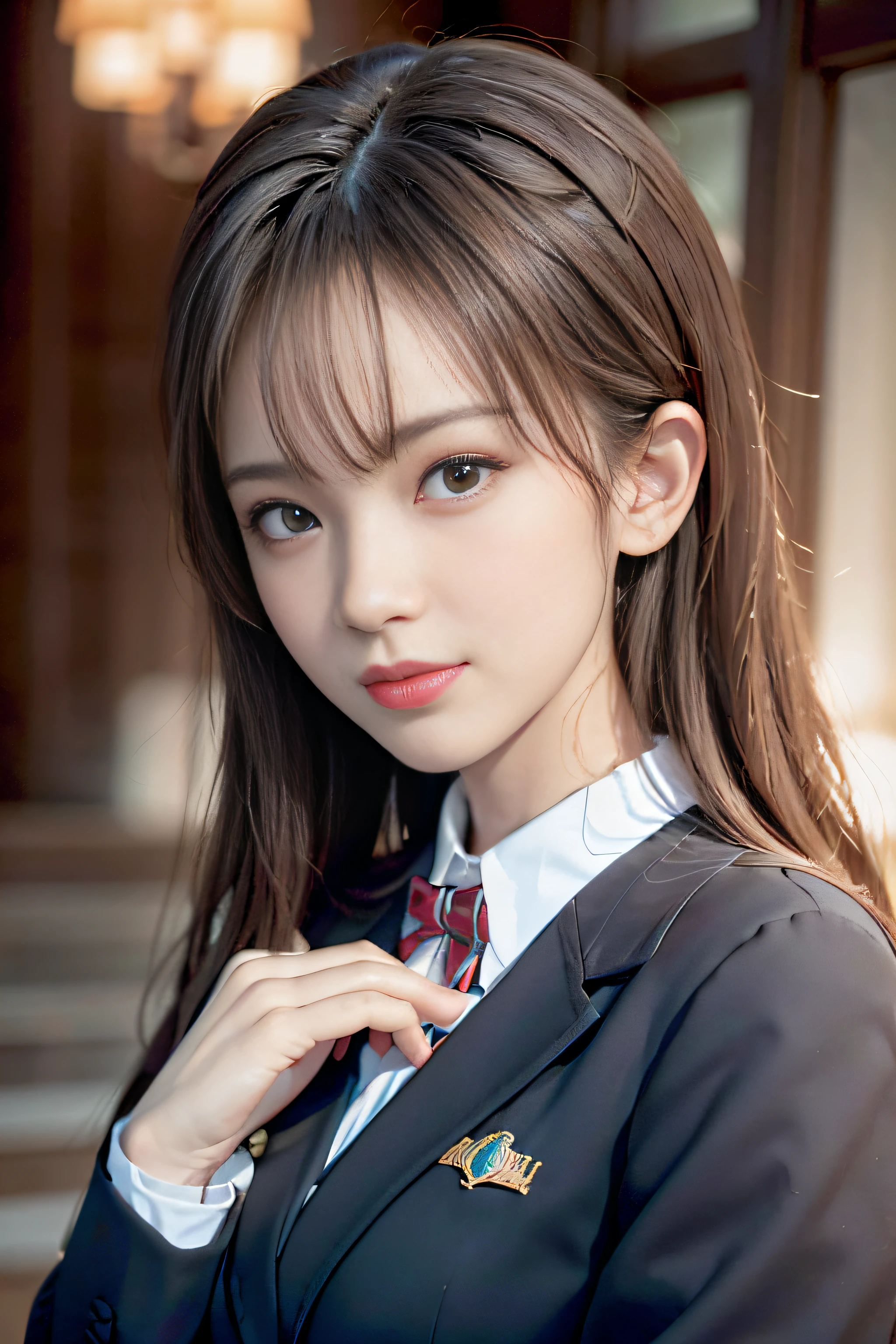 (A hyper-realistic)、(illustratio)、(hight resolution)、(8K)、(ighly detailed)、(Best Illustration)、(beautifully detailed eyes)、(top-quality)、(ultra-detailliert)、(masterpiece)、(wall-paper)、(A detailed face)、独奏、1 girl in、looking at viewert、fine detailed、A detailed face、in the darkness nigth、deep-shadows、lowkey、pureerosfaceace_v1、A smile、long、Black shawl straight hair、46-point diagonal bangs,female students、((Emblem on the chest of white blazer in school uniform))、Translucent white blouse、(red bowtie)、((Miniskirts in bright colors,Check stripes)()、A smile,