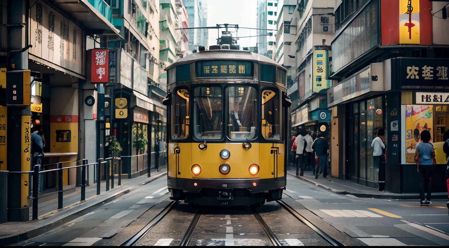 a hyper realistic photography of Tram in hong kong, no people, no words, Nikon D850 DSLR 4k camera, 100mm lens, F 1.2 aperture setting, bright and natural lighting, vibrant, fun and relaxing atmosphere