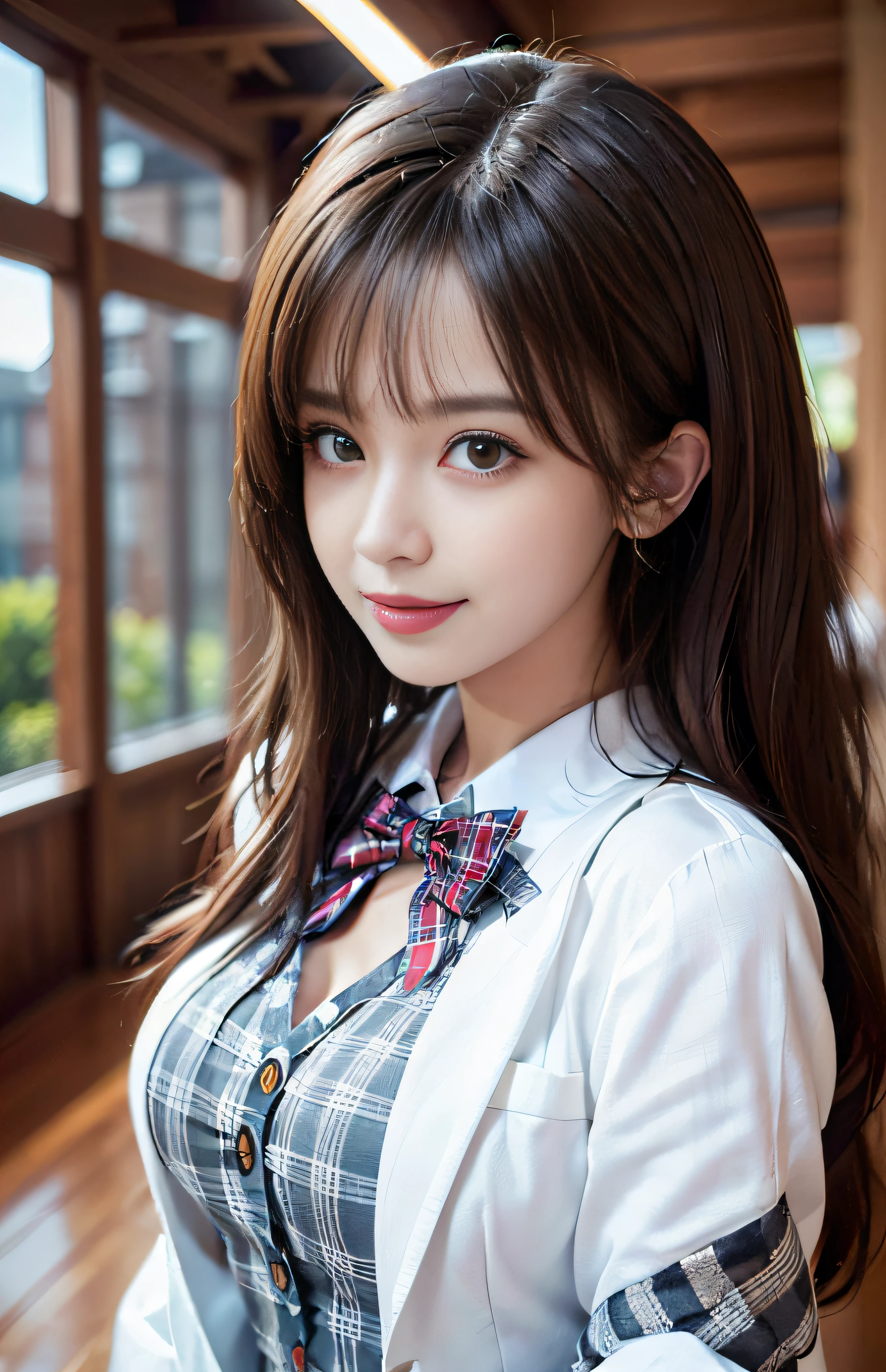 (A hyper-realistic)、(illustratio)、(hight resolution)、(8K)、(ighly detailed)、(Best Illustration)、(beautifully detailed eyes)、(top-quality)、(ultra-detailliert)、(masterpiece)、(wall-paper)、(A detailed face)、独奏、1 girl in、looking at viewert、fine detailed、A detailed face、in the darkness nigth、deep-shadows、lowkey、pureerosfaceace_v1、A smile、long、Black shawl straight hair、46-point diagonal bangs,female students、校服、、(White blazer chest emblem)、Translucent white blouse、red bowtie、(Miniskirts in bright colors,Plaid)、A smile,