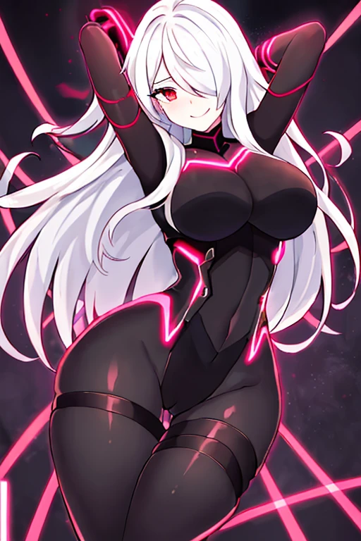 1girl, white hair, large breasts, breasts, thick thighs, wide hips, red eyes, bodysuit, black bodysuit, pantyhose, long hair, science-fiction, tech, futuristic, black pantyhose, neon, neon trim, anime style, 2d, anime screencap, red neon trim, hourglass figure, one-eye covered, hair over one eye, hair over one-eye, thigh strap, leotard, arm strap, happy, light smile, arms behind back, hip sway, swaying hips, sway, arms behind head, hands behind head, dance, dancing