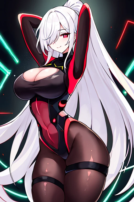 1girl, white hair, large breasts, breasts, thick thighs, wide hips, red eyes, bodysuit, black bodysuit, pantyhose, long hair, science-fiction, tech, futuristic, black pantyhose, neon, neon trim, anime style, 2d, anime screencap, red neon trim, hourglass figure, one-eye covered, hair over one eye, hair over one-eye, thigh strap, leotard, arm strap, happy, light smile, arms behind back, hip sway, swaying hips, sway, arms behind head, hands behind head, dance, dancing