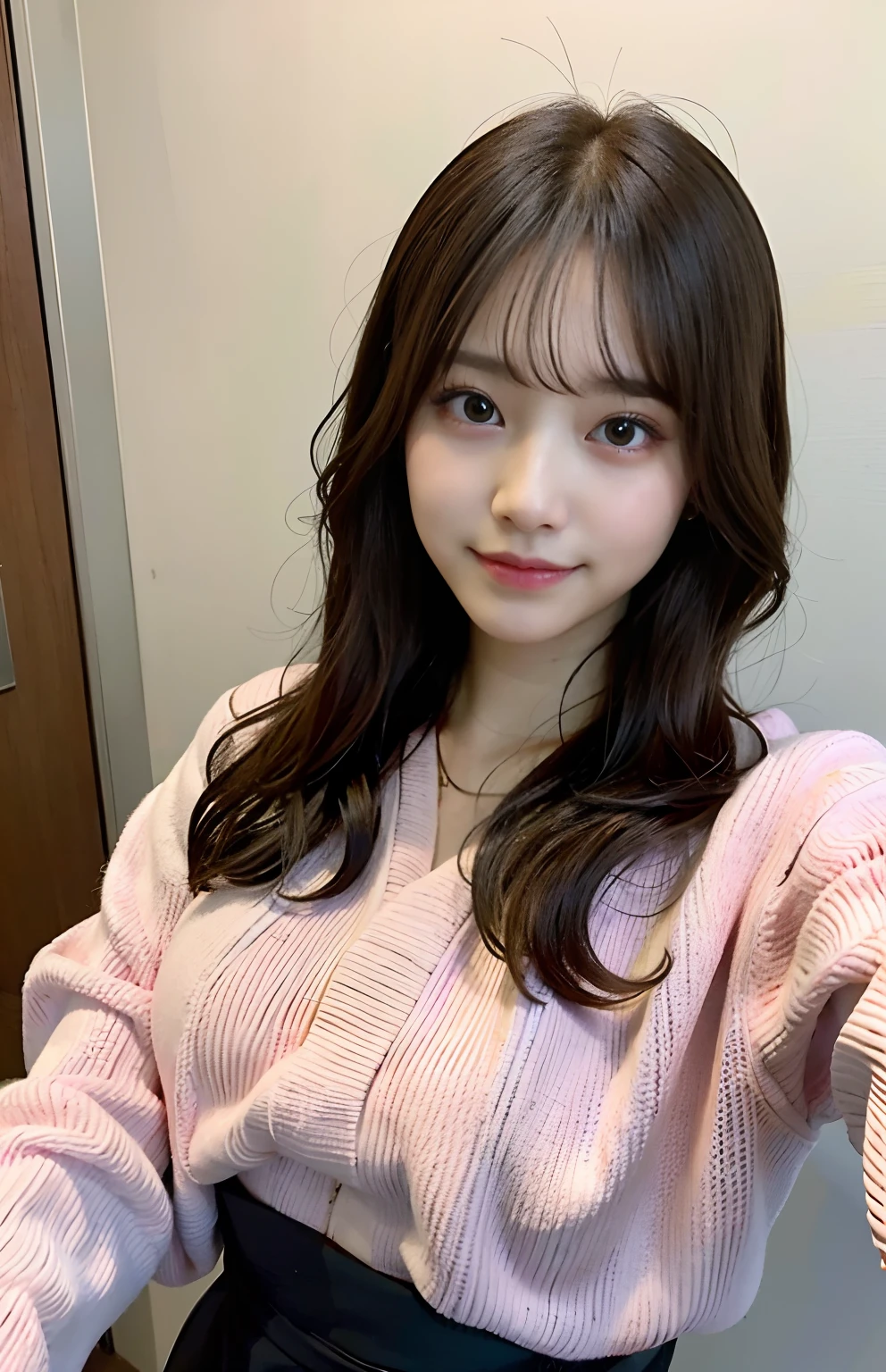 Japan Beauty、Live action、Poses variadas、Flesh-colored wall background shot、Colossal tits、Pink mask、Selfie wind、Selfie wind、prominent 、Black knitwear、shot from front
