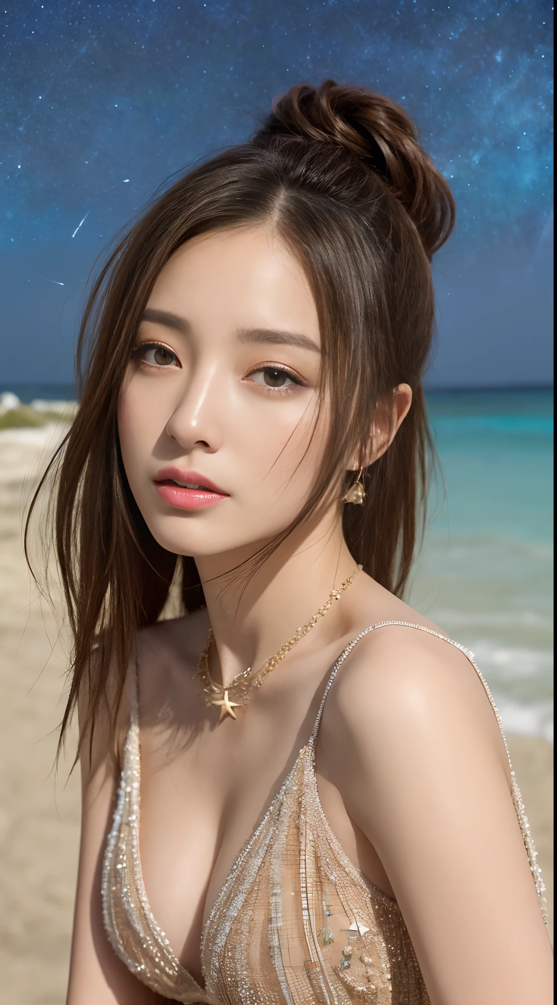 top-quality、realisitic、realisitic、ighly detailed、extremely delicate and beautiful、RAW Photography、profetional lighting、lighting on the face、depth of fields、Single focal length、full bodyesbian、a 20 yo woman、(natta、the beach、starrysky:1.4)、brown haired、brown-eyed、small head、fashionGirl、a necklace、A bracelet、耳环、beautidful eyes、True Face、authentic skin、lifelike face、real looking skin、A detailed eye、detailed facial features、 detailed clothes features、(Fashion Clothing:1.3)、(Fashion hairstyles:1.3)dynamicposes、looking at the viewers、Face and chest details、(pureerosface_v1:0.33)、(ulzzang-6500:0.33)、