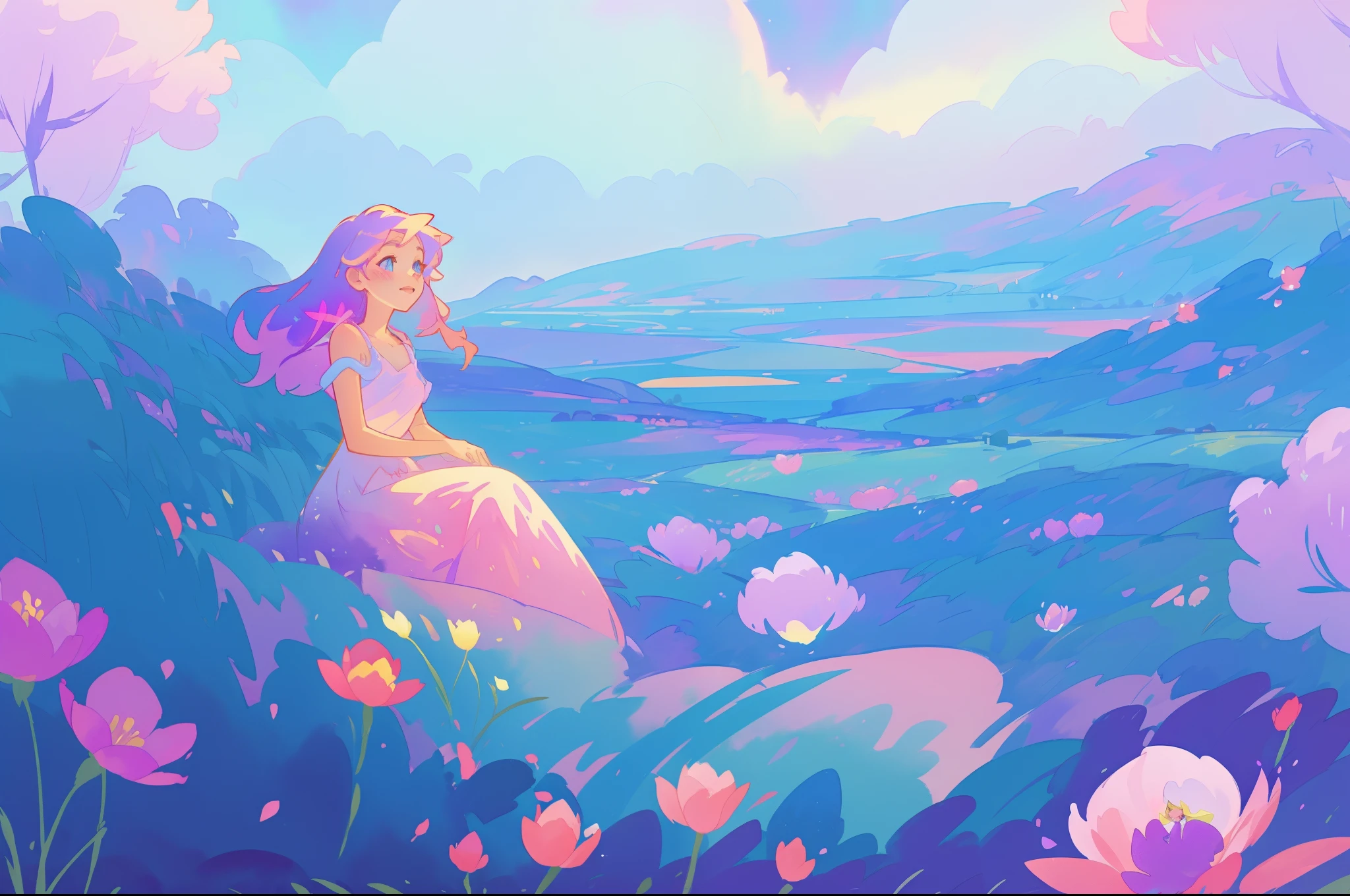 beautiful girl in flowing gradient dress sitting in a field of flowers, beautiful fantasy landscape, vibrant colors, (((otherworldly landscape))), whimsical landscape, purples pinks blues, watercolor illustration, disney art style, glowing lights, beautiful digital illustration, fantasia otherworldly landscape plants flowers, beautiful, masterpiece, best quality, anime disney style