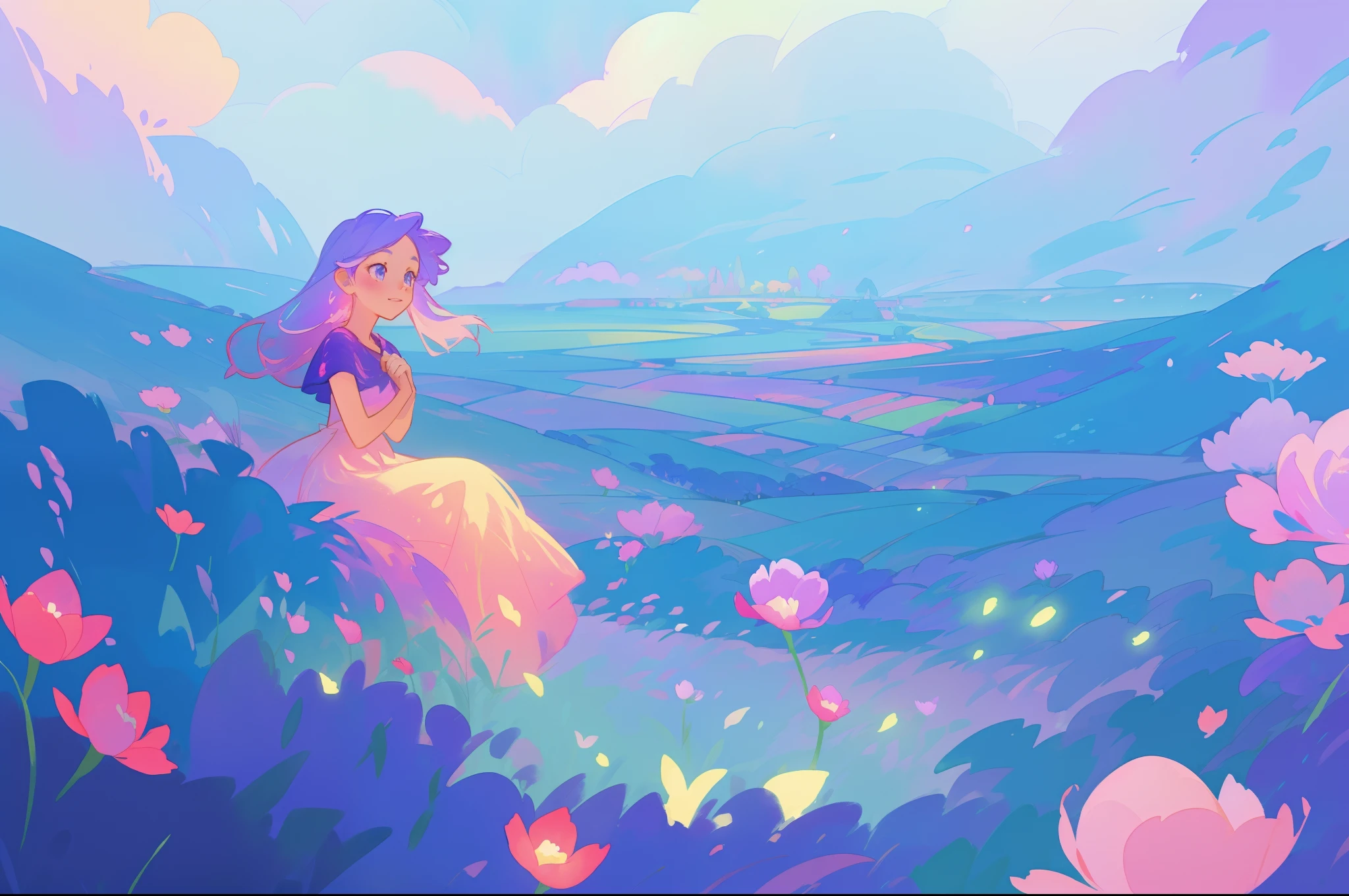 beautiful girl in flowing gradient dress sitting in a field of flowers, beautiful fantasy landscape, vibrant colors, (((otherworldly landscape))), whimsical landscape, purples pinks blues, watercolor illustration, disney art style, glowing lights, beautiful digital illustration, fantasia otherworldly landscape plants flowers, beautiful, masterpiece, best quality, anime disney style