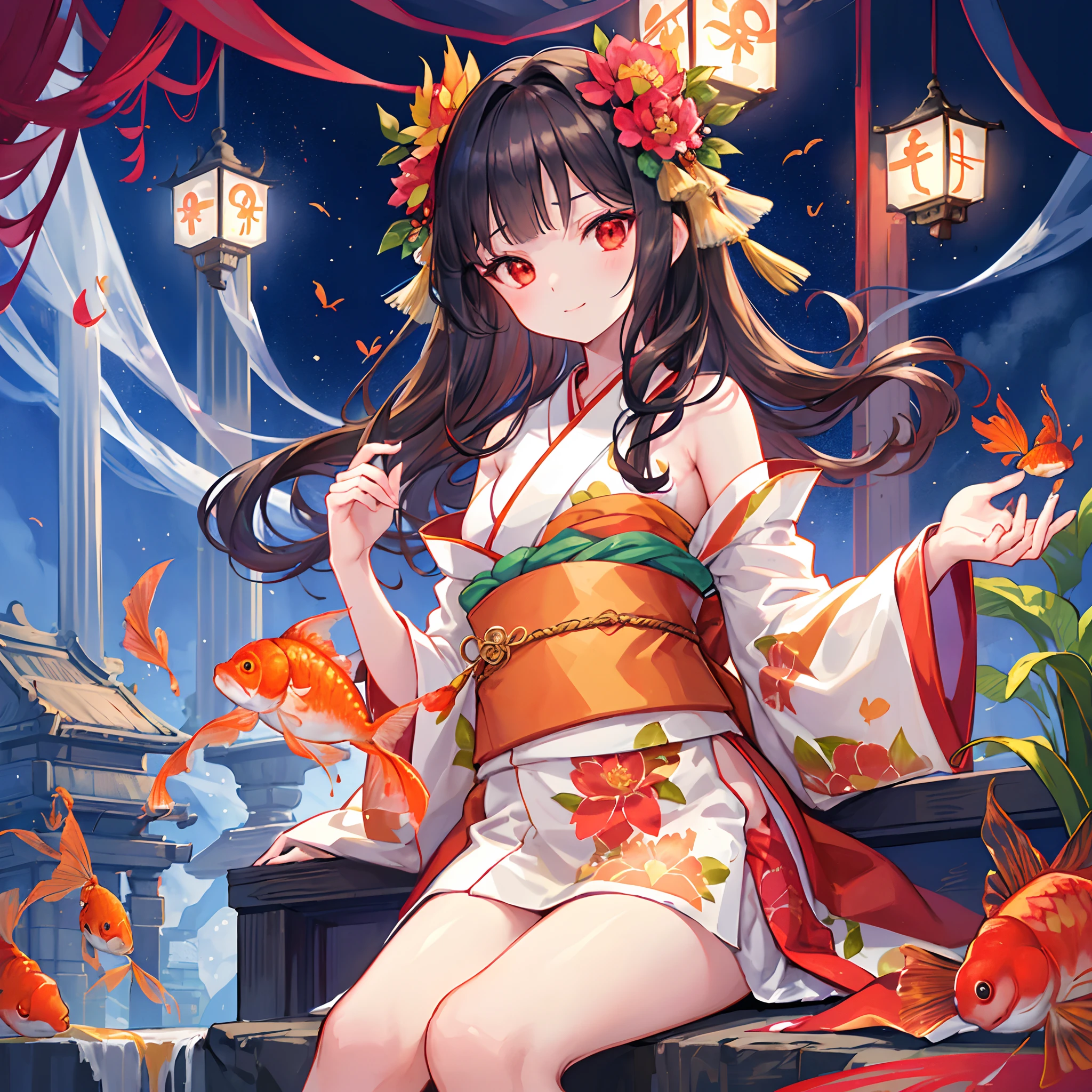 (top-quality), (masterpiece)、(ultla detailed)、(Beauty alone:1.5)、cute little、offcial art、A smile、(Looking down)、(Sitting in bed)、(Floral kimono:1.2)、Maxi length、(A lot of goldfish are floating in the air:1.3)、Detailed goldfish、(Inside the dark temple:1.3)、(18year old:1.3)、Medium chest、(A dark-haired:1.5)、(Straight hair:1.5)、(Longhaire:1.5)、Blunt bangs、red eyes、Details, eyes and face、hair adornments、The lotus flowers、upperbody shot、(Indian Lamps)、Goldfish in the palm of your hand、murky