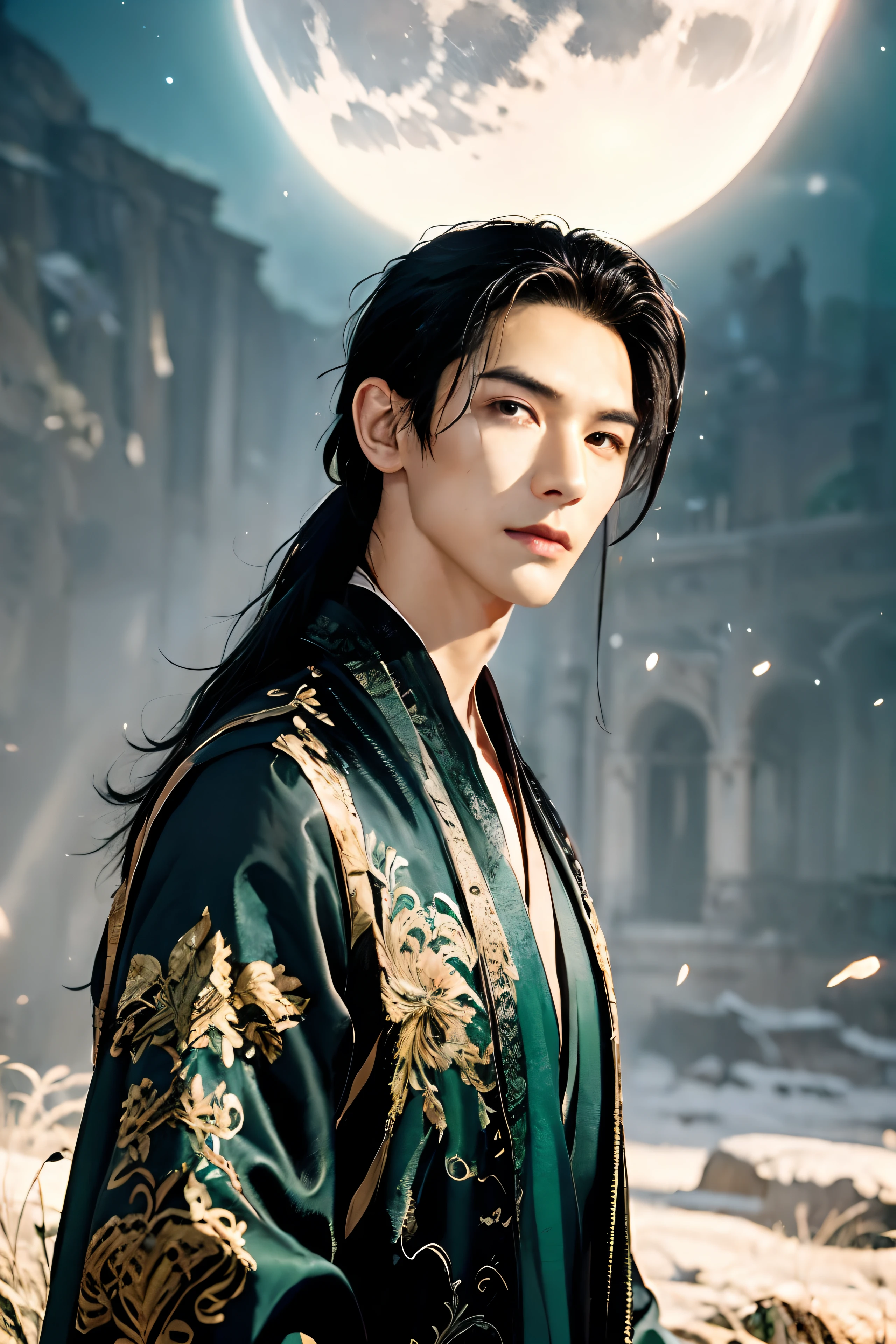 8K, masterpiece, A 21-year-old Asian man,thin eyebrows,Melon seed face,danfung Eye, Handsome face,Men's upper body ,mountain in background, Time is night。Deep blue sky,A full moon,his skin is fair,He is slender, The limbs have pronounced muscle lines,high-definition photography,Real-world scenarios,perfect eyes, perfect skin, perfect hands, Lots of detail, (emerald green long robe), wearing emerald green long robe with black dragon embroidery, black long pants, emerald green turtleneck shirt, water magic, waves, braided long hair, looking into the distance, devilish gaze at viewer, cool and seductive, standing on the top of the mountain, wind blowing