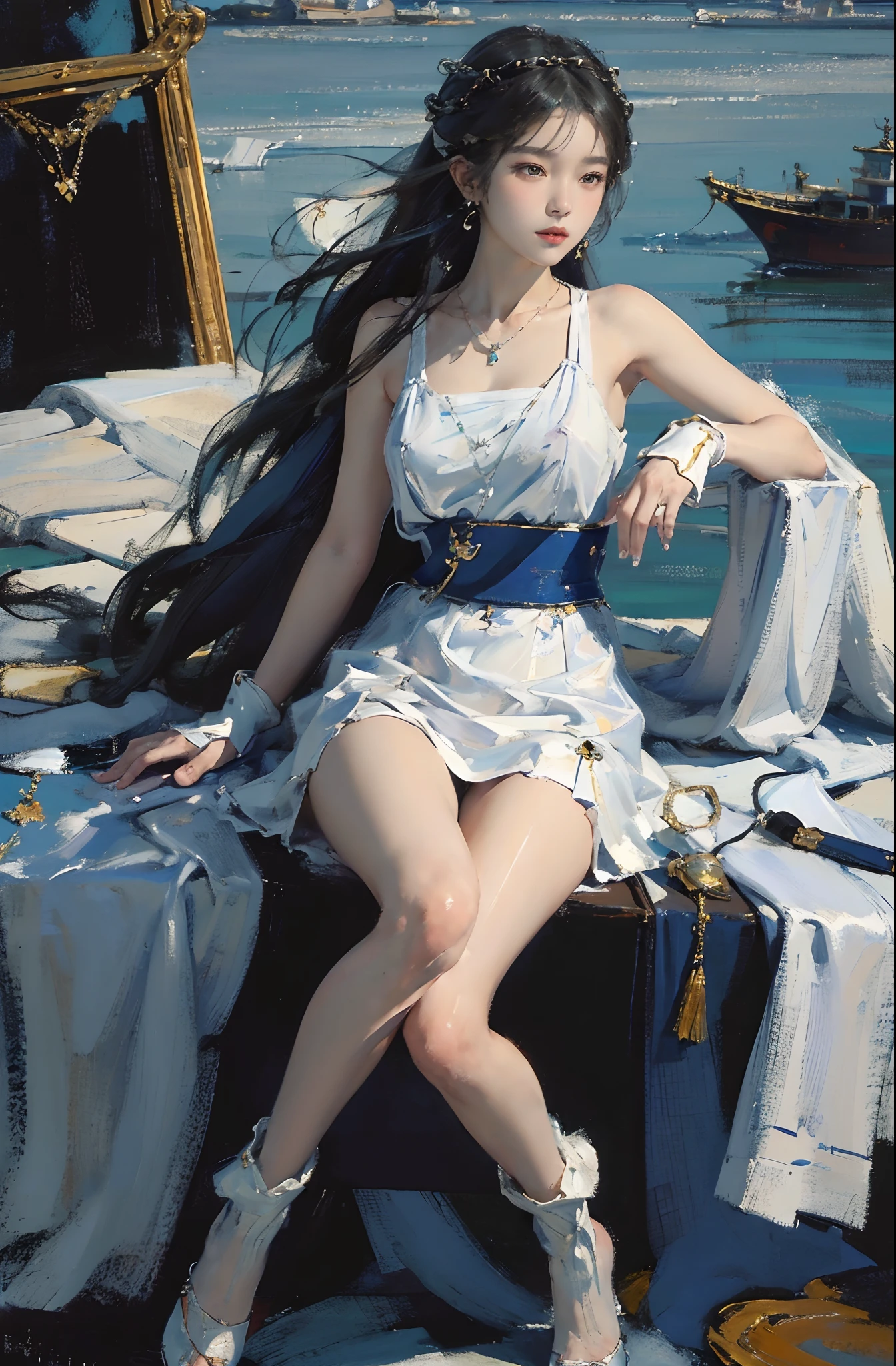 ((Best quality)), ((Masterpiece)), ((1girll)), Solo, ferry, ((Long hair)), Ferry base, ((upper legs)), Bare shoulders, ((jewelry)), ((Sleeveless)), White dress, Blue skirt, ((mitts)), thigh high, (Nikolai Fehin),(Fitchin oil on canvas, Fei Xin's oil painting, Oil painting), 01