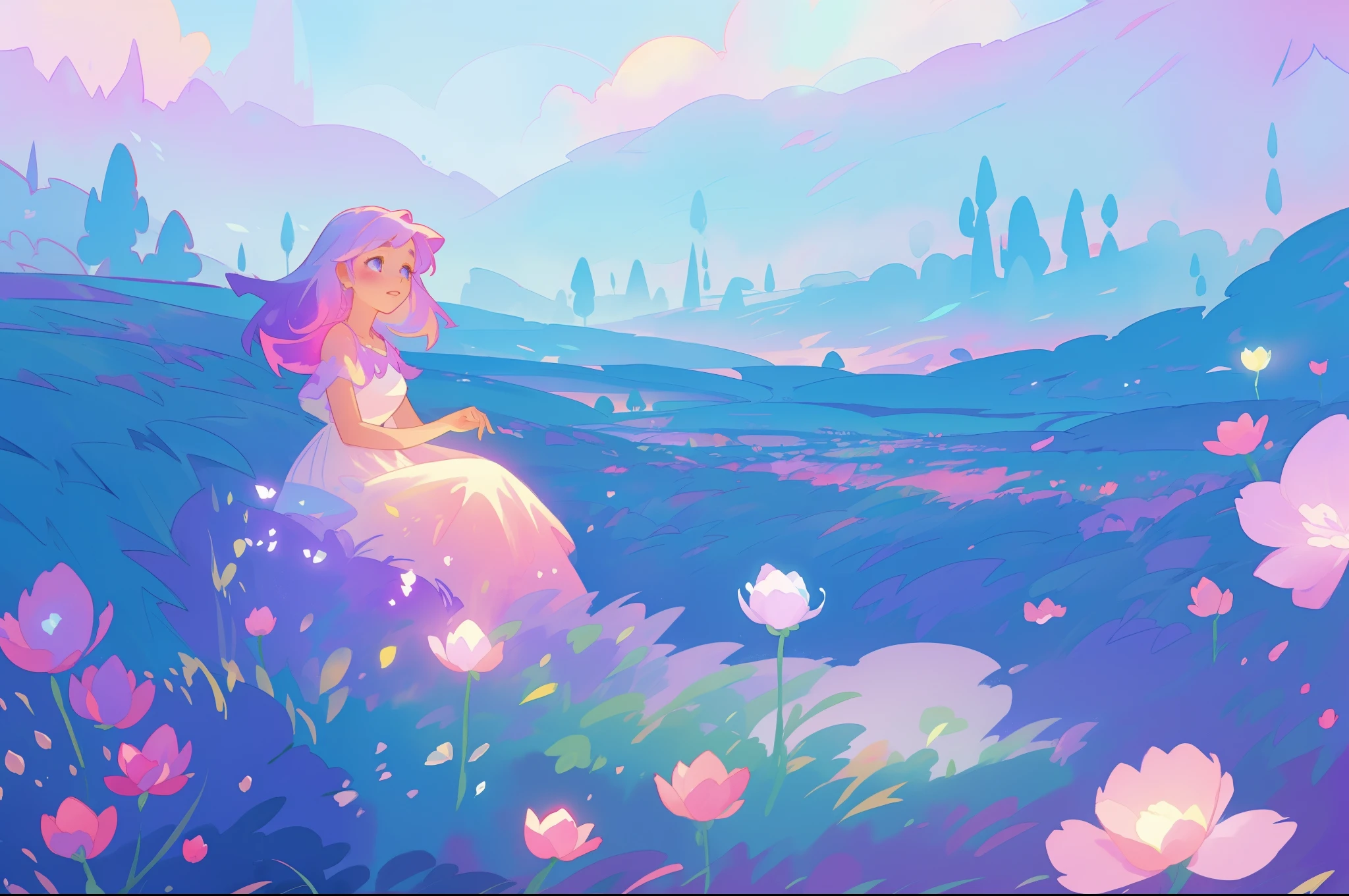 beautiful girl in flowing gradient dress sitting in a field of flowers, beautiful fantasy landscape, vibrant colors, (((otherworldly landscape))), whimsical landscape, purples pinks blues, watercolor illustration, disney art style, glowing lights, beautiful digital illustration, fantasia otherworldly landscape plants flowers, beautiful, masterpiece, best quality, anime disney style