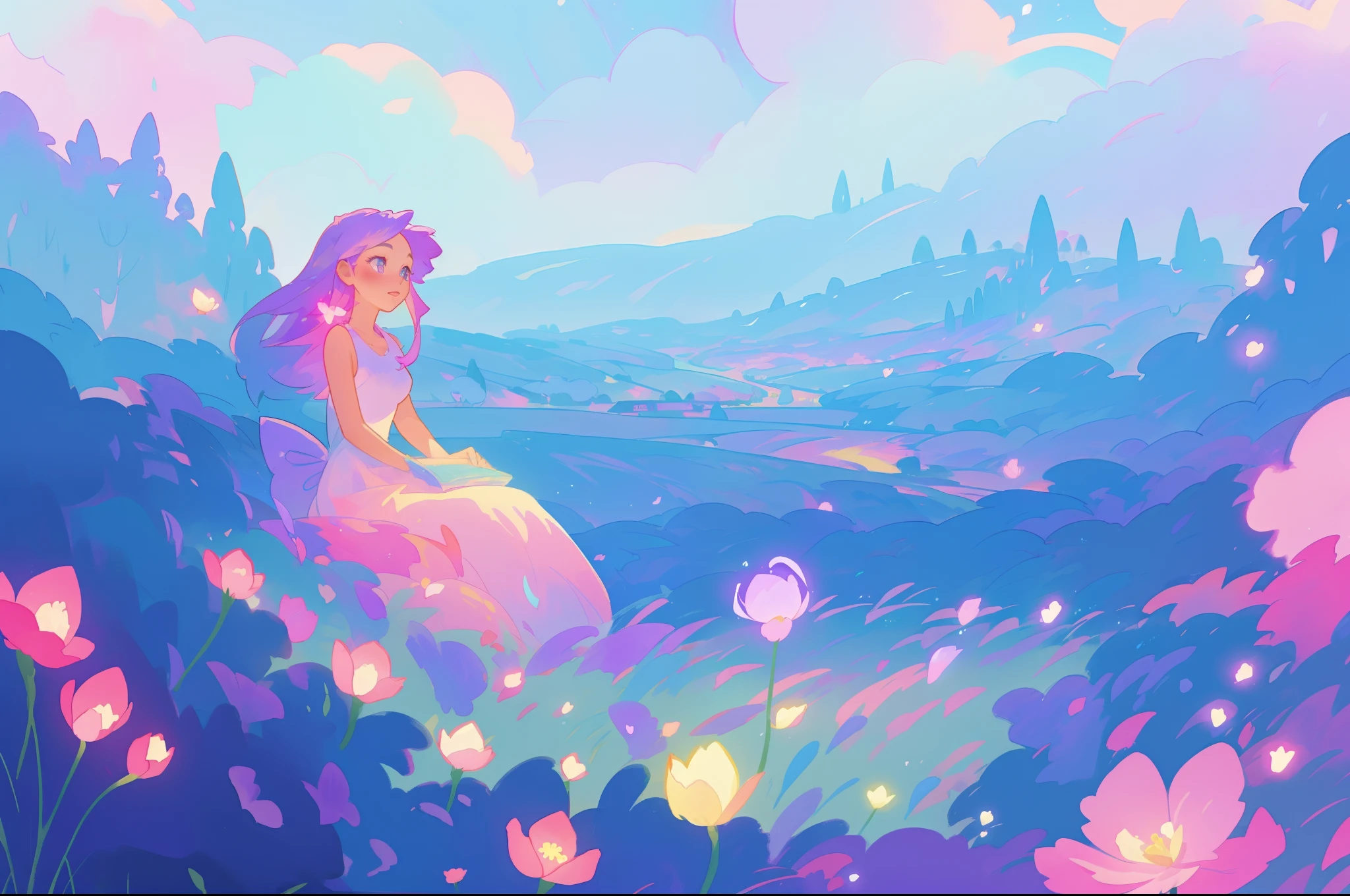 beautiful girl in flowing gradient dress sitting in a field of flowers, beautiful fantasy landscape, vibrant colors, (((otherworldly landscape))), whimsical landscape, purples pinks blues, watercolor illustration, disney art style, glowing lights, beautiful digital illustration, fantasia otherworldly landscape plants flowers, beautiful, masterpiece, best quality, anime disney style