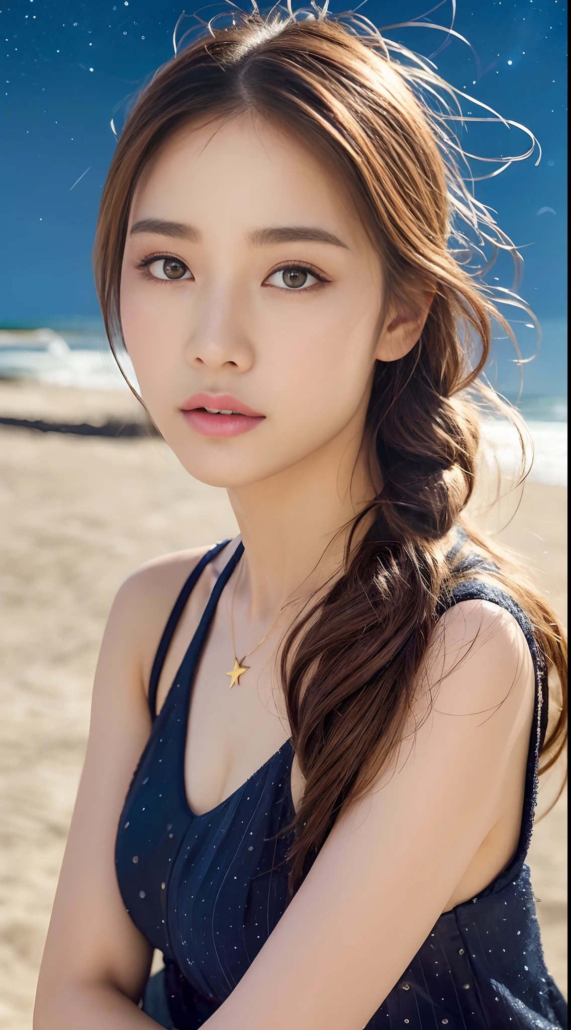 top-quality、realisitic、realisitic、ighly detailed、extremely delicate and beautiful、RAW Photography、profetional lighting、lighting on the face、depth of fields、Single focal length、full bodyesbian、a 20 yo woman、(natta、the beach、starrysky:1.4)、brown haired、brown-eyed、small head、fashionGirl、a necklace、A bracelet、耳环、beautidful eyes、True Face、authentic skin、lifelike face、real looking skin、A detailed eye、detailed facial features、 detailed clothes features、(Fashion Clothing:1.3)、(Fashion hairstyles:1.3)dynamicposes、looking at the viewers、Face and chest details、(pureerosface_v1:0.33)、(ulzzang-6500:0.33)、