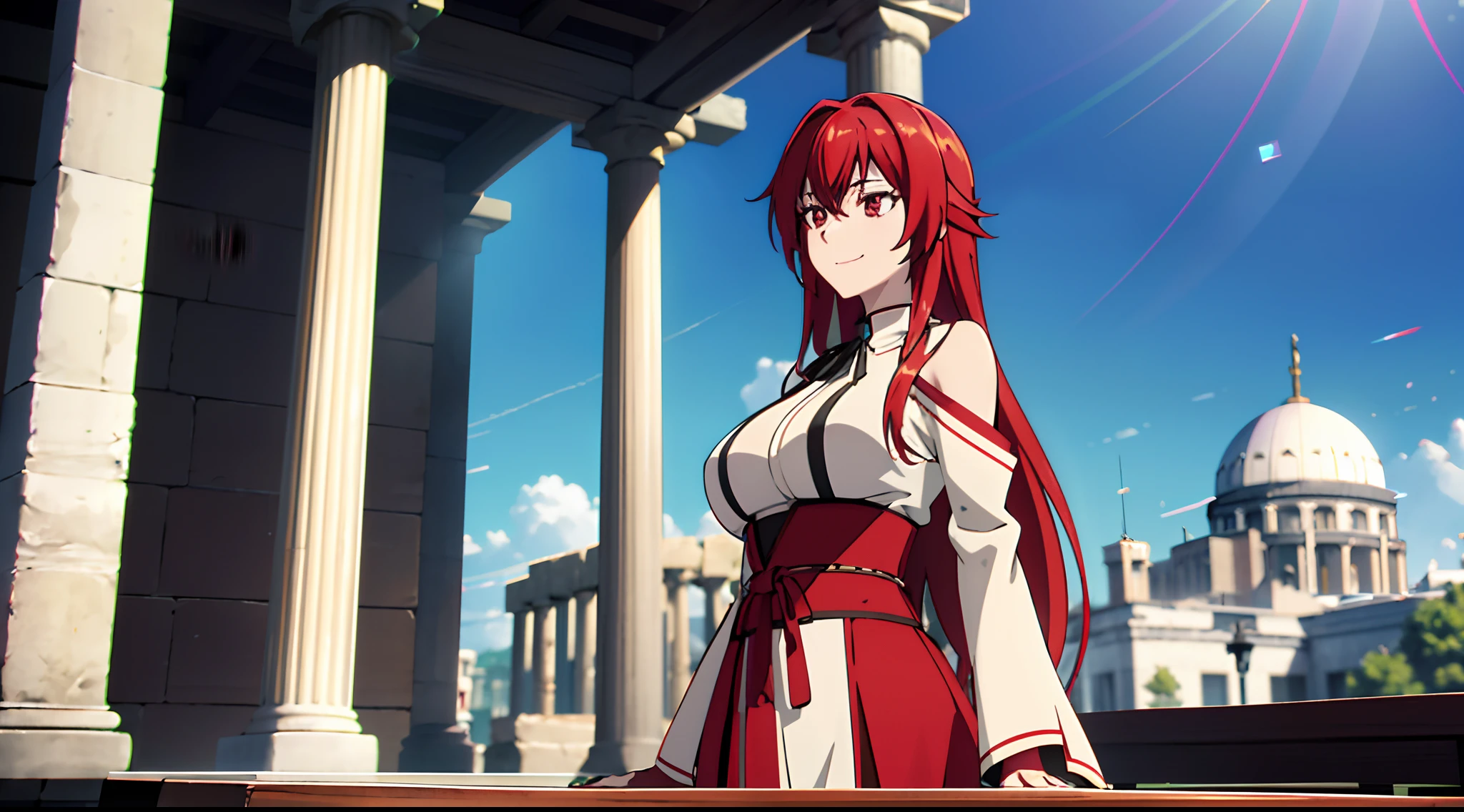 (((picture perfect))), (absurdres), 1girl, solo, rias gremory, long crimson red hair, wearing saint robe and long skirt,praying beads on neck, Athens temple in background, smile, (((upper body))), anime style,deep depth of field, wide angle view, Lumen Reflections,Screen Space Reflections,Diffraction Grading,Chromatic Aberration,GB Displacement,Scan Lines,Ray Traced,Anti-Aliasing,FXAA,TXAA,RTX,SSAO,Shaders,OpenGL-Shaders, GLSL-Shaders,Post Processing,Post-Production,cell Shading,Tone Mapping,CGI,VFX,SFX,insanely detailed and intricate,4K