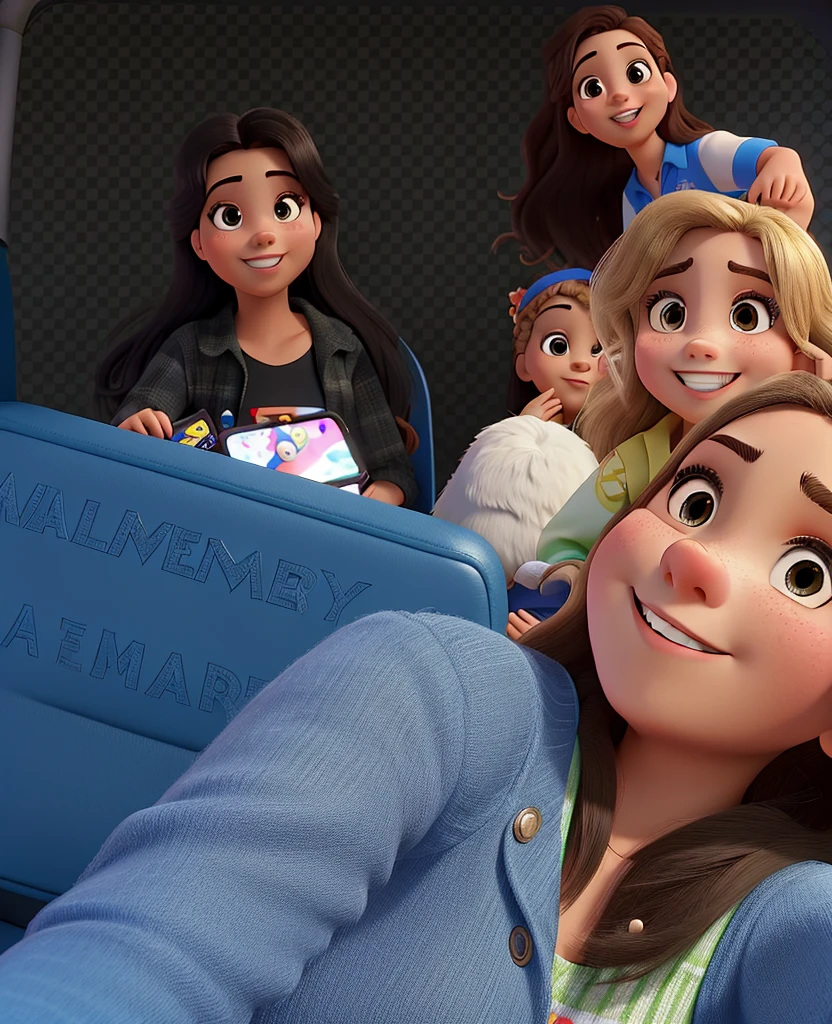 Selfie com quatro amigas no onibus no estilo Disney pixar, alta qualidade, melhor qualidade