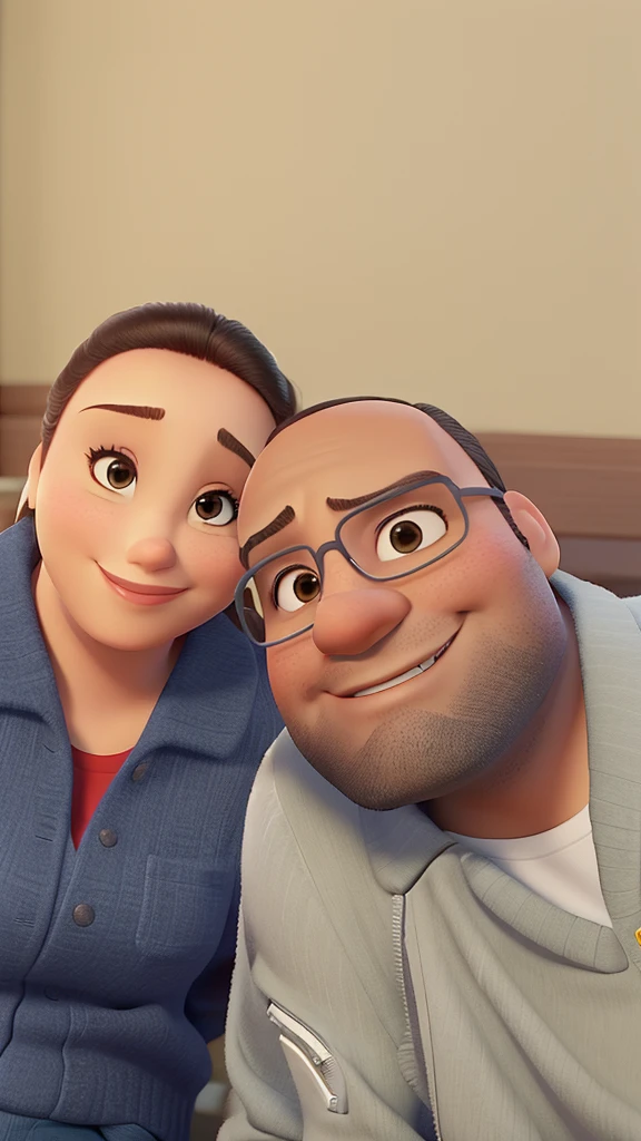 casal no estilo disney pixar, alta qualidade, melhor qualidade. A mulher na esquerda de 30 anos e 9 homen na direita de pele morena de 35 anos
