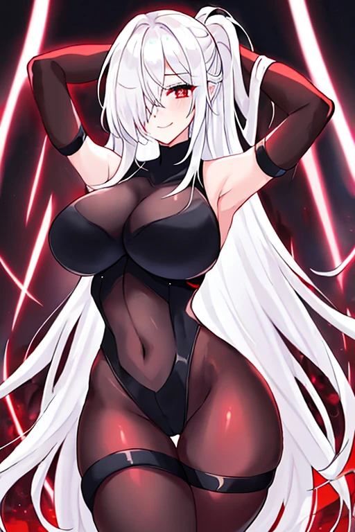 1girl, white hair, large breasts, breasts, thick thighs, wide hips, red eyes, bodysuit, black bodysuit, pantyhose, long hair, science-fiction, tech, futuristic, black pantyhose, neon, neon trim, anime style, 2d, anime screencap, red neon trim, hourglass figure, one-eye covered, hair over one eye, hair over one-eye, thigh strap, leotard, arm strap, happy, light smile, arms behind back, hip sway, swaying hips, sway, arms behind head, hands behind head, dance, dancing