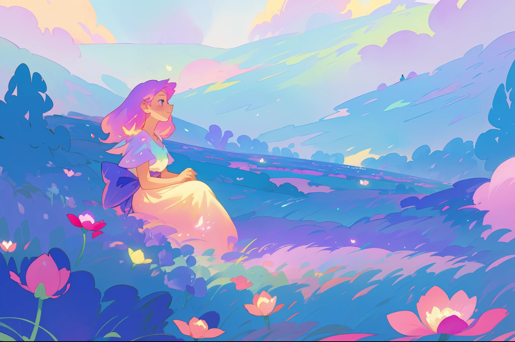 beautiful girl in flowing gradient dress sitting in a field of flowers, beautiful fantasy landscape, vibrant colors, (((otherworldly landscape))), whimsical landscape, purples pinks blues, watercolor illustration, disney art style, glowing lights, beautiful digital illustration, fantasia otherworldly landscape plants flowers, beautiful, masterpiece, best quality, anime disney style