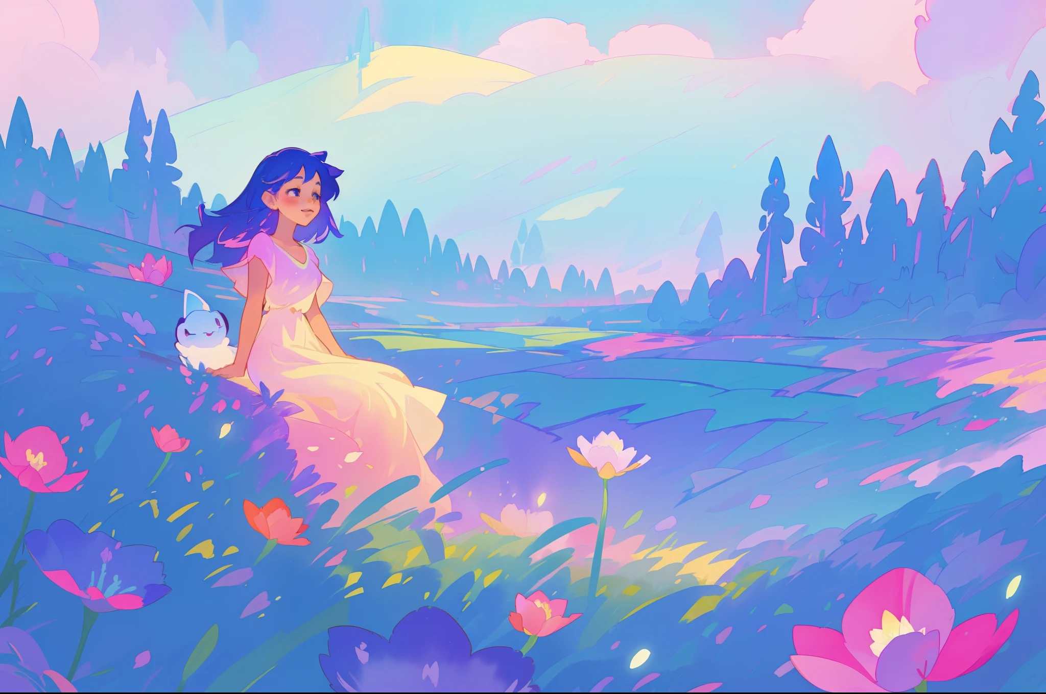 beautiful girl in flowing gradient dress sitting in a field of flowers, beautiful fantasy landscape, vibrant colors, (((otherworldly landscape))), whimsical landscape, purples pinks blues, watercolor illustration, disney art style, glowing lights, beautiful digital illustration, fantasia otherworldly landscape plants flowers, beautiful, masterpiece, best quality, anime disney style