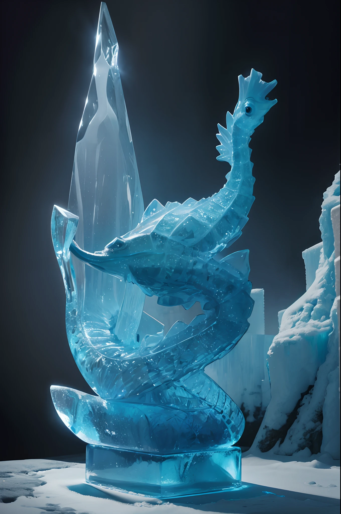 best quality, high definition, 4k, highly detailed, ice sculpture, frozen solid, clear light blue ice, giant seahorse ice statue, snowy background, excellent lighting, best shadows, intense image