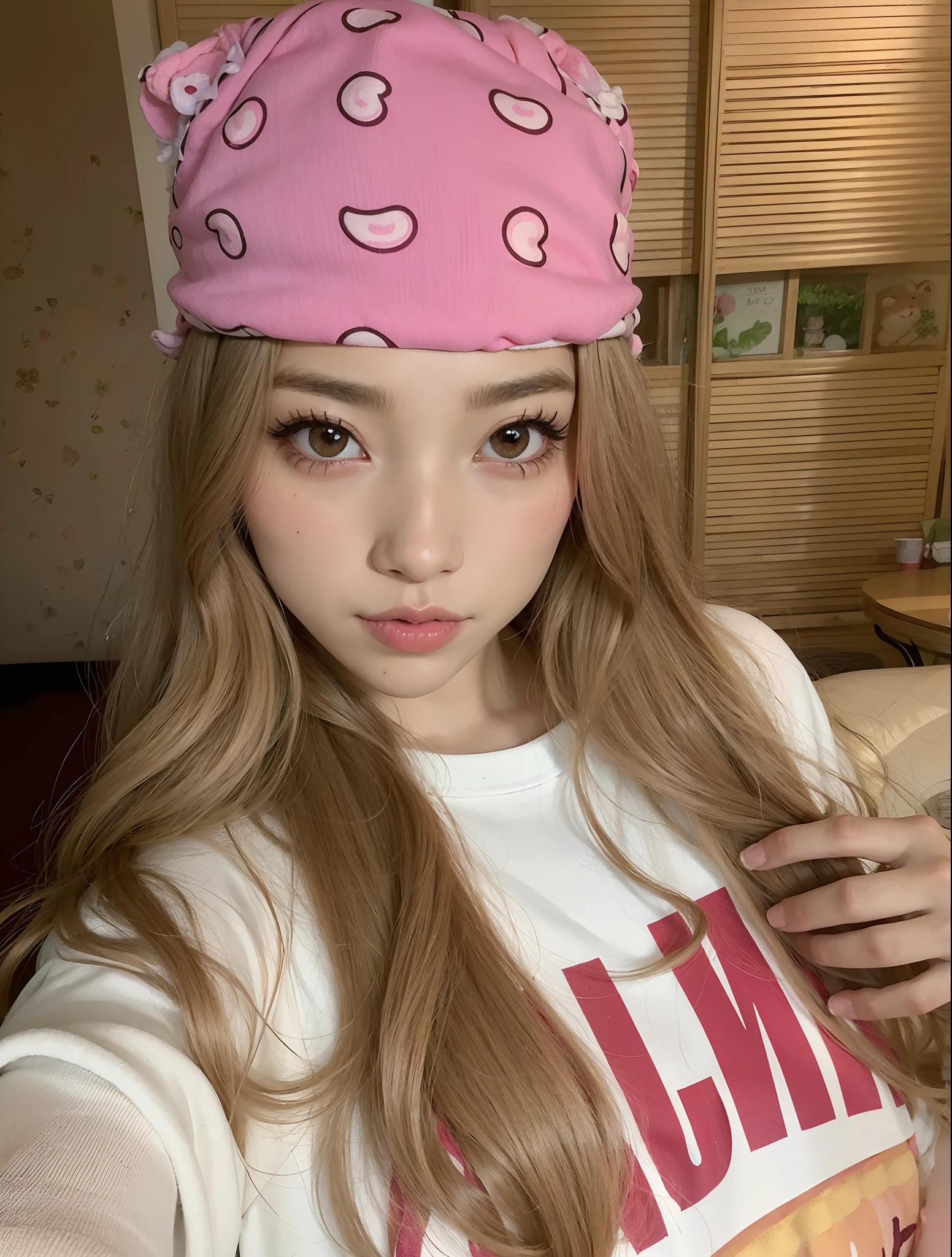 Muchacha con sombrero rosa y camisa blanca, Hermosa Delphine, Portrait of the Japanese gyaru, Chica de anime en la vida real, Linda chica kawaii, con una diadema rosa, Cabello largo y rubio y ojos grandes, Lalisa Manobal, muy hermosa linda catgirl, Lalisa Manoban de Blackpink, Cabello largo y rubio y ojos grandes