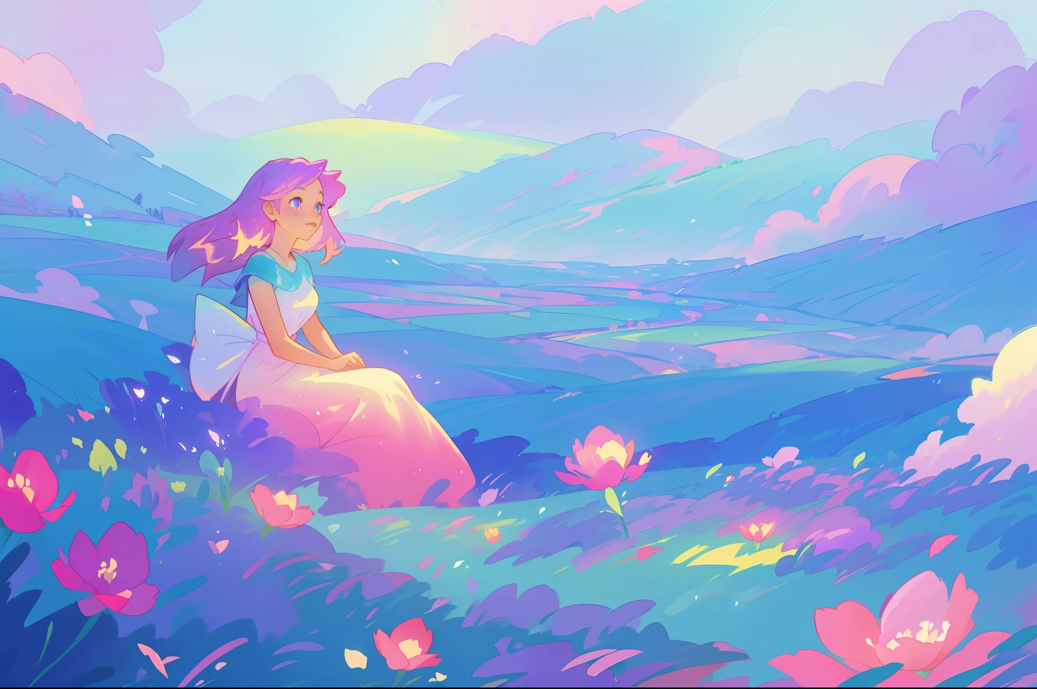 beautiful girl in flowing gradient dress sitting in a field of flowers, beautiful fantasy landscape, vibrant colors, (((otherworldly landscape))), whimsical landscape, purples pinks blues, watercolor illustration, disney art style, glowing lights, beautiful digital illustration, fantasia otherworldly landscape plants flowers, beautiful, masterpiece, best quality, anime disney style