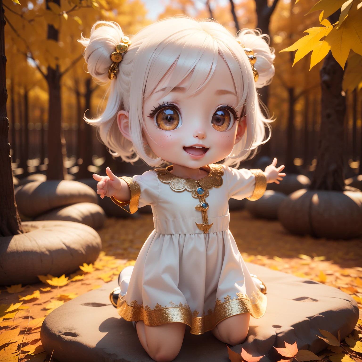 Cute Baby Chibi Anime,(((Chibi 3D))) (Best Quality) (Master Price)、Chibi Angel、Open your mouth and smile、A detailed face、Floating in the air、White hair、Jewelry Decoration Costumes、Sun shining in the morning sun、Autumn foliage in the fairy tale autumn forest