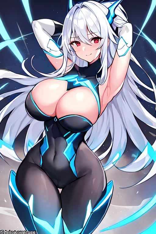 1girl, white hair, large breasts, breasts, thick thighs, wide hips, red eyes, bodysuit, black bodysuit, pantyhose, long hair, light smile, happy, science-fiction, tech, futuristic, black pantyhose, thighhighs, neon, machinery, hair ornament, ornament, neon trim, anime style, 2d, anime screencap, shoulder armor, blue neon trim, hip sway, swaying hips, bouncing breasts, arms behind back, hands behind head, arms behind head, arms up, me!me!me dance /(meme/), dancing, dance, hourglass figure, ass, from behind