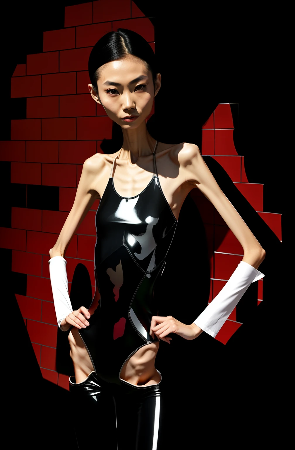 Extremely thin woman, A thin body，Protruding sternum，The waist is slender，The ribs are noticeable，Protruding ribs，The pelvis is very pronouncedly protruding，The pelvis is markedly elevated，White skin of the，Thin shoulders，Very slim waist，Extremely skinny，Sunken abdomen，Skin and bones，short detailed hair，Haggard face，Wear a tight-fitting one-piece latex suit，Asian face，The body is as thin as a skeleton，Feminine expression