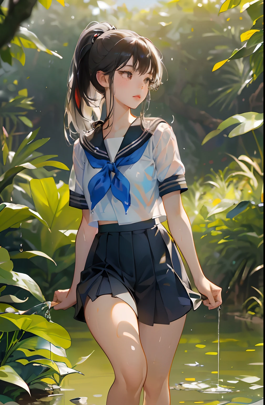 Cornflower art, dreamy, (masterpiece, top quality, perfect anatomy, beautiful face, realistic, super detailed, 1 girl, 18 ears senile, solo, depth of field, canon 24mm lens, f1.4, cute_girl, sailor_ collar, clear facial features, short sleeves, small breasts, slender stature, height 170, barefoot, double ponytail, bangs, gravure pose, outdoor, jungle, Blurred background, (Uwabaki: 1.1576)) Drenched all over, clear liquid dripping from the crotch, the front of the shirt is exposed, the breasts are visible, transparent bra, light blue striped buns,