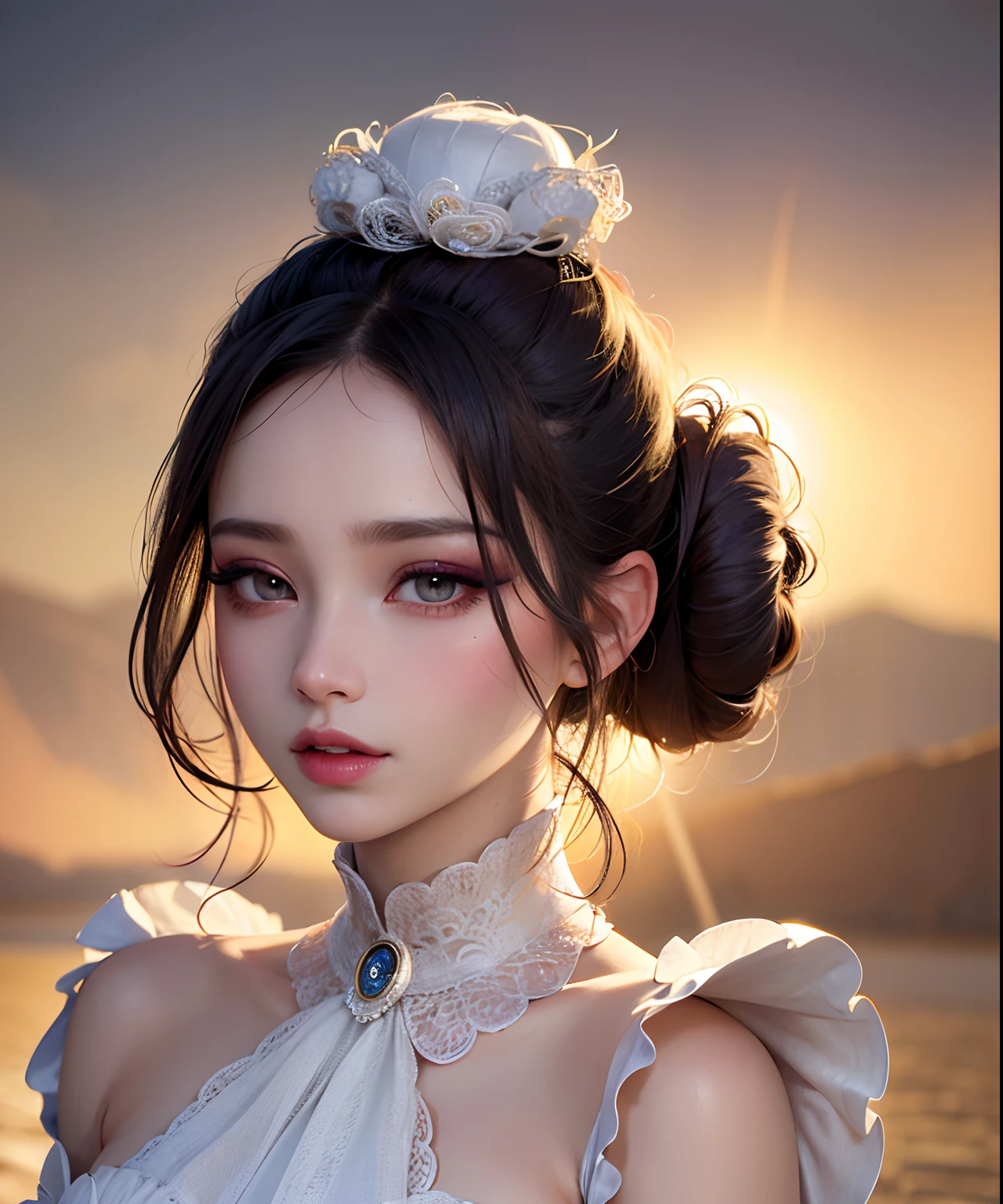 masterpiece, best quality, 8k, beautiful face, high detailed skin,hyper detailed,ultra high res, photorealistic, high resolution, ,lens flare, (Top knot bun:1.5),(same makeup for both eyes:1.5),perfect face,ralistic eyes, detailed lighting, detailed eyes,detailed skin, detailed shadows,ralistic skin,(opened mouth:1.02), (closed eyes:0.9),no make-up,,looking_at_viewer,upper body