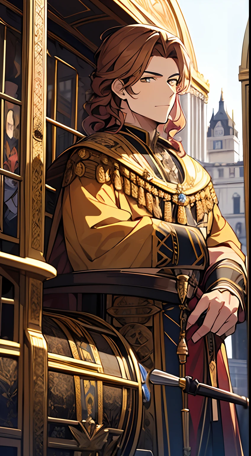 （tmasterpiece，A highly detailed，8K），（A man in medieval iron armor，Yellow curly hair，Handsome men），Standing in the carriage，Gorgeous carriages，（Tall horses），The man was holding a cane in his right hand，outside，（Castle background），rios，Lion motif，Frontal photo，midday sunlight