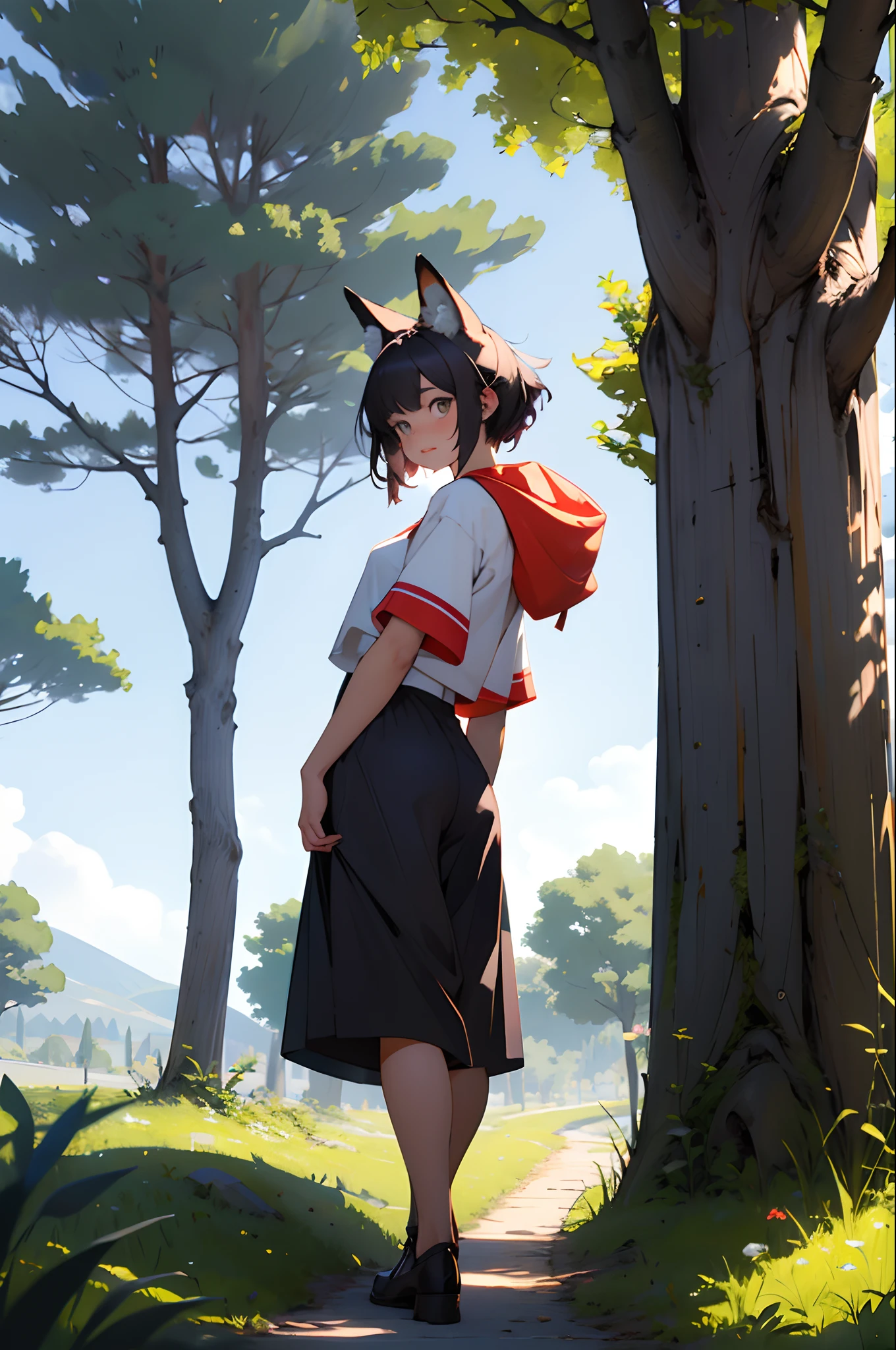 Fox girl looking back at you near a tree