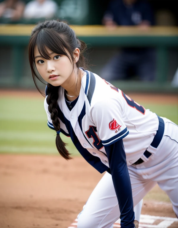 a woman baseball player,pitcher,photo realistic,she is pitching,front view,dogers,glowing skin, Sony α7, 35mm Lens, f1.8, film grain, golden hour, soft lighting