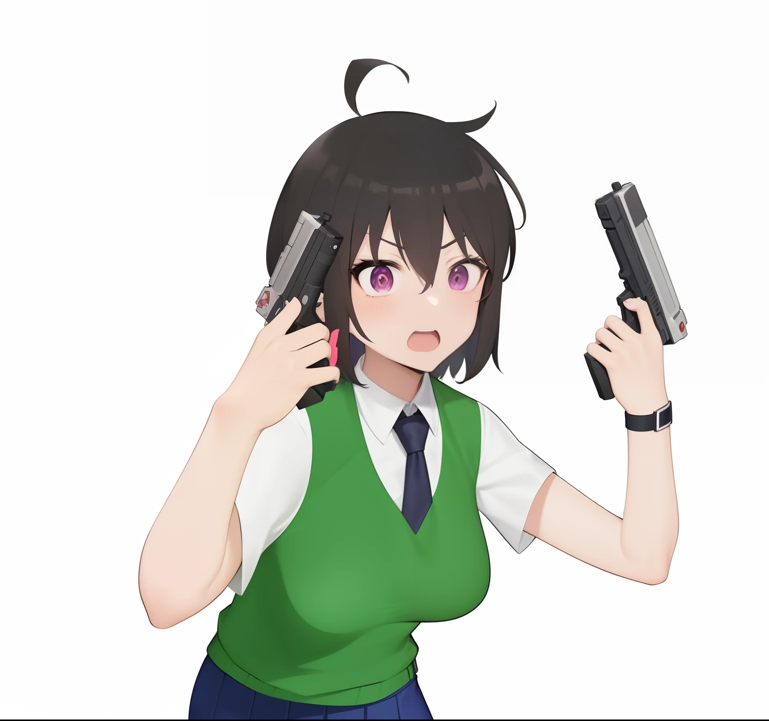 Anime girl holding gun and cell phone in her hand, With a pistol., Female Action Anime Girls, Female anime characters, anime moe artstyle, in anime style, shooting pose, In anime style, holding a weapon, Hold the gun., flat anime style, anime style character, In the art form of anime 8 0 seconds, holding a revolver, Carry a gun.