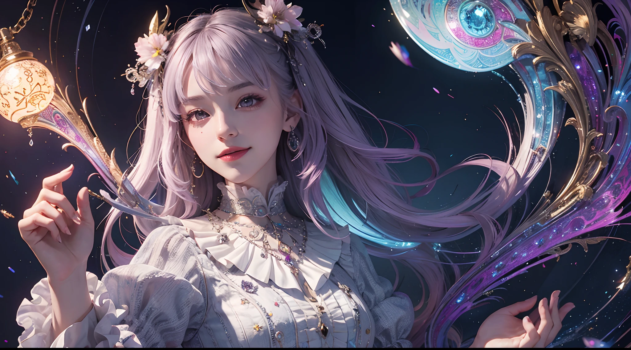Masterpiece, high resolution, Paisley pattern wallpaper, Elaborate paisley pattern, 10,000 colors, Colorful, Craftsmanship, 1 girl, looking at viewert, Smiling, Hair is pearly white, Okami, diamond sparkles, Colorful décor, Light particles dance, Detailed Gothic style (Maximalism: 1.5), diffuselighting, (Depth of field: 1.8), Gothic ta, Diffuse reflection of light, (Background percentage: 65%)